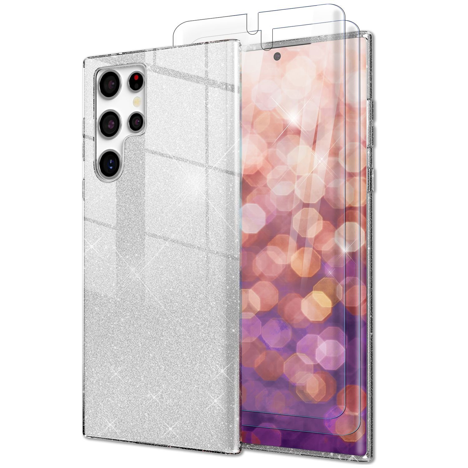 Nalia Smartphone-Hülle Samsung Galaxy S23 Ultra 17,3 cm (6,8 Zoll), Glitzer Silikon Hülle / 2x Displayschutz / Innen Verstärkt / Stoßfest