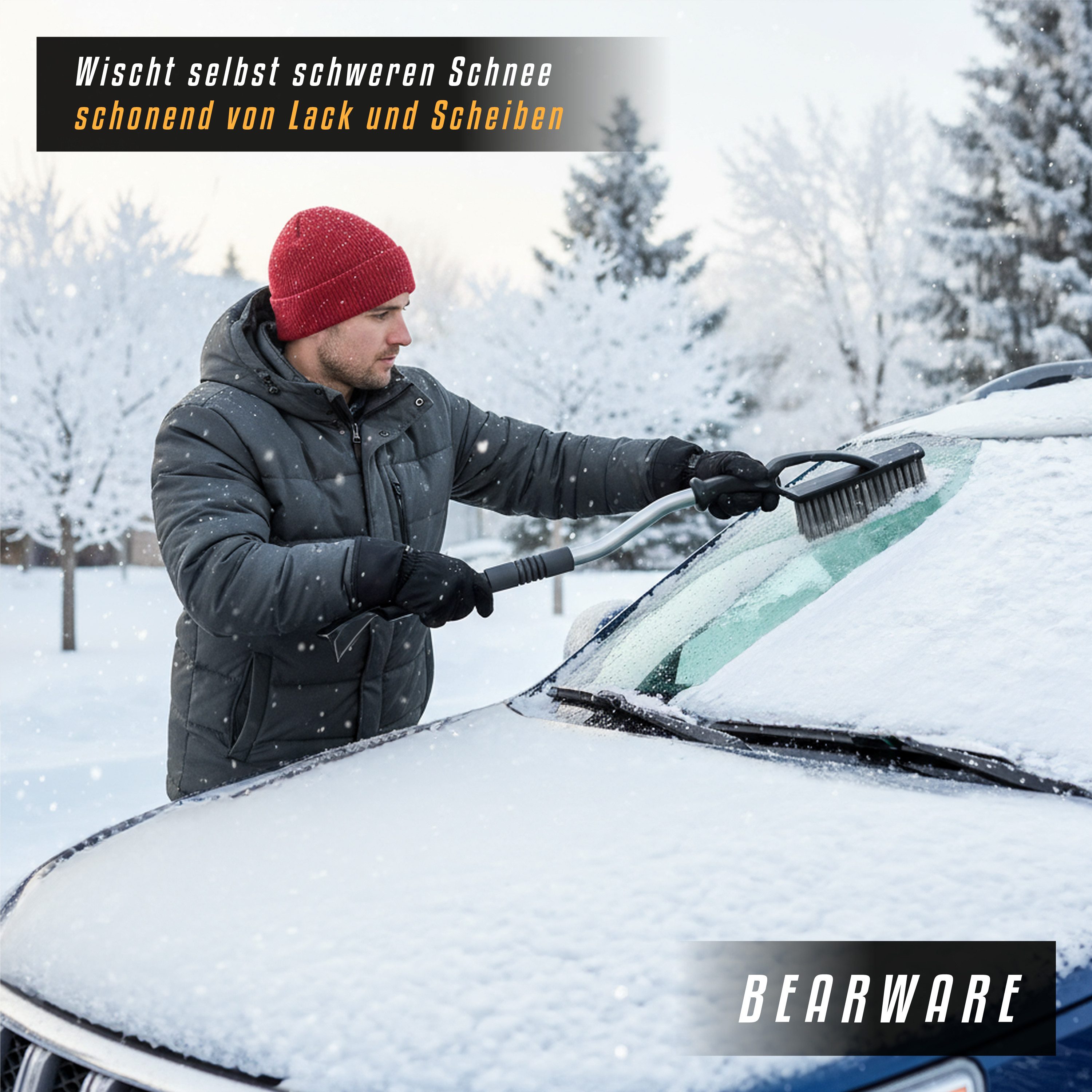 BEARWARE Ice Scraper with Snow Brush for Car, Motorhome & Truck made of shatterproof ABS, gentle 2-in-1 scraper & snow brush, 80cm long with ice breaker teeth