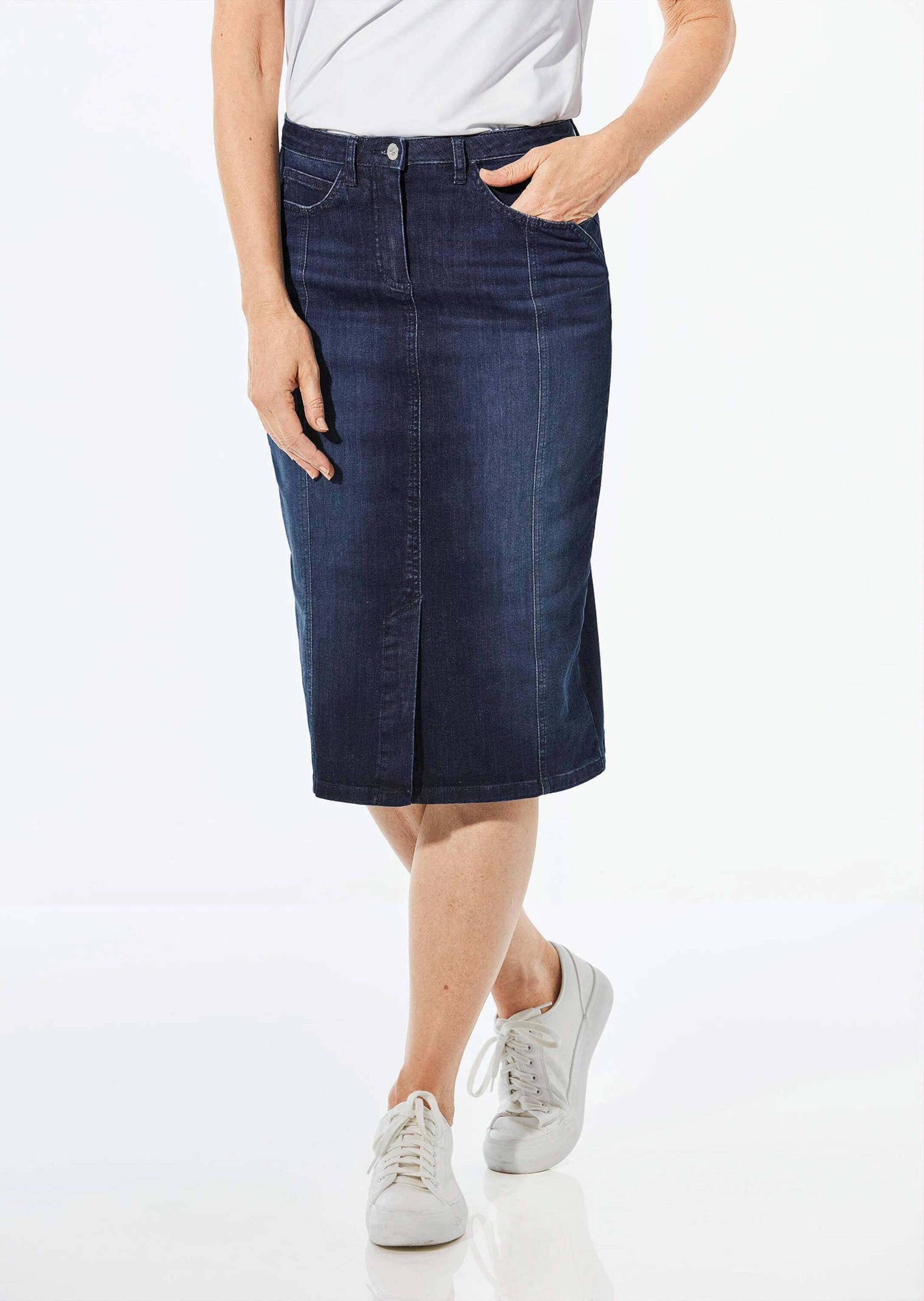 GOLDNER Jeansrock Jeansrock mit Formbund Midirock im 5-Pocket-Design, Gehschlitz, Gürtelschlaufen und Knielänge