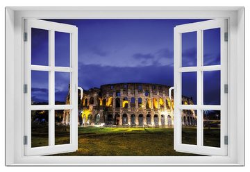 Wallario Wandfolie, Italien bei Nacht - Kollosseum in Rom, beleuchtet am Abend, mit Fenster-Illusion, wasserresistent, geeignet für Bad und Dusche