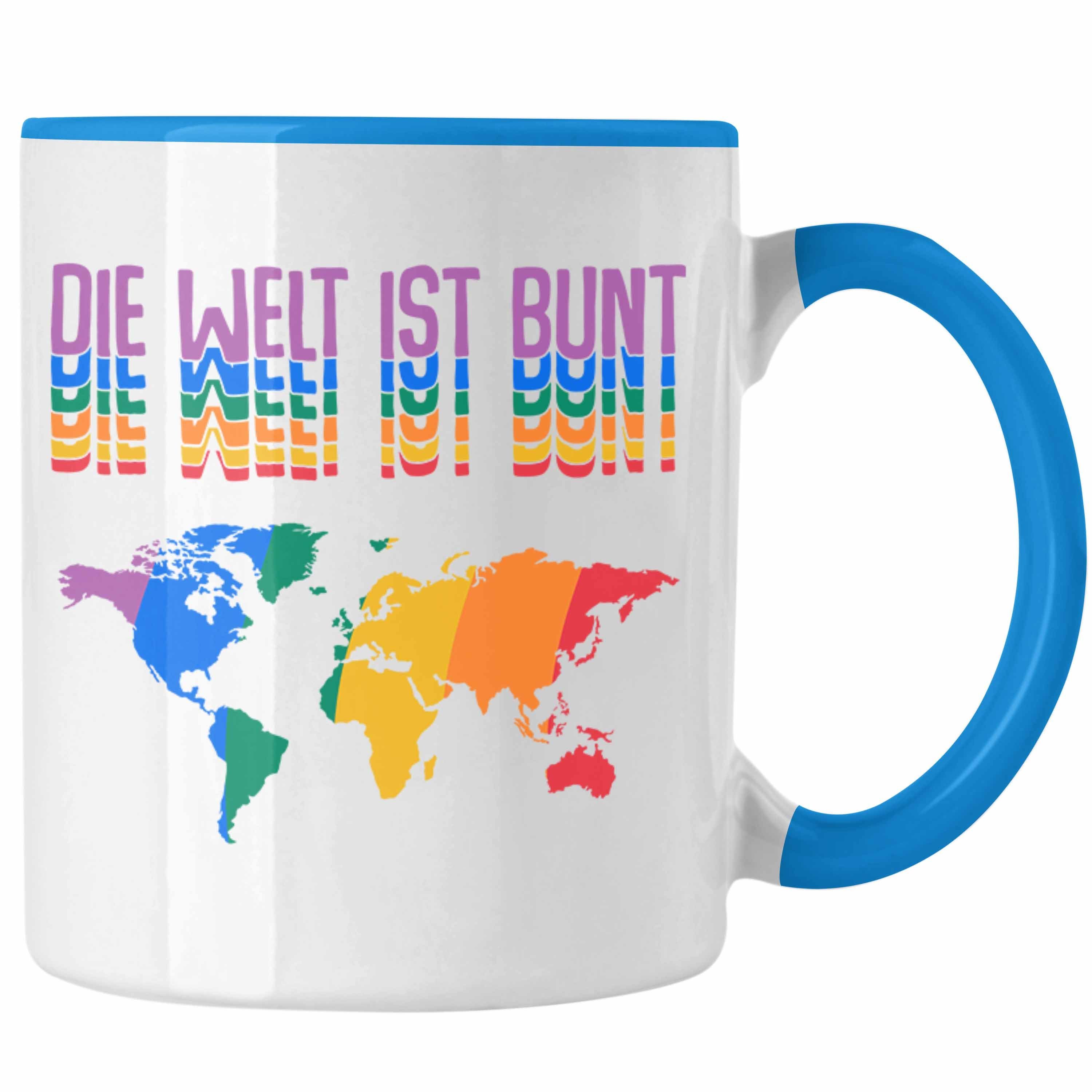 Trendation Tasse Trendation - LGBT Tasse Geschenk für Schwule Lesben Transgender Regenbogen Lustige Grafik Regenbogen Die Welt Ist Bunt Blau