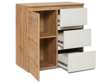 möbelando Kommode Ravenna, Moderne Kommode aus melaminharzbeschichteter Spanplatte in Honig-Eiche Nachbildung / Weiß mit 1 Holztür, 3 Schubkästen und 1 Einlegeboden. Breite 80 cm, Höhe 80 cm, Tiefe 40 cm