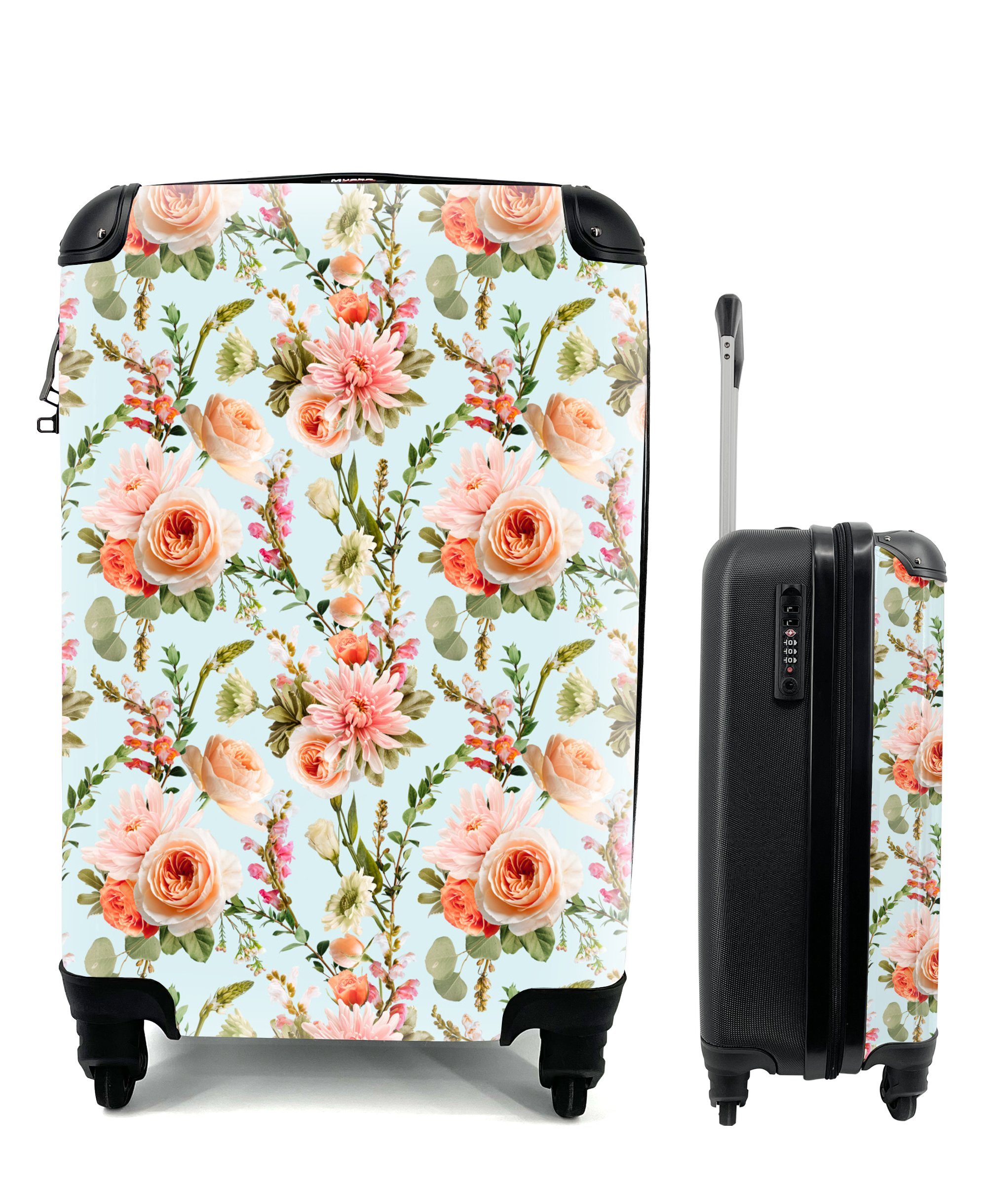 4 Blumen Reisetasche Pastell, rollen, MuchoWow Handgepäck Reisekoffer - Rosen Rosa Handgepäckkoffer mit - - für Ferien, Rollen, Trolley,