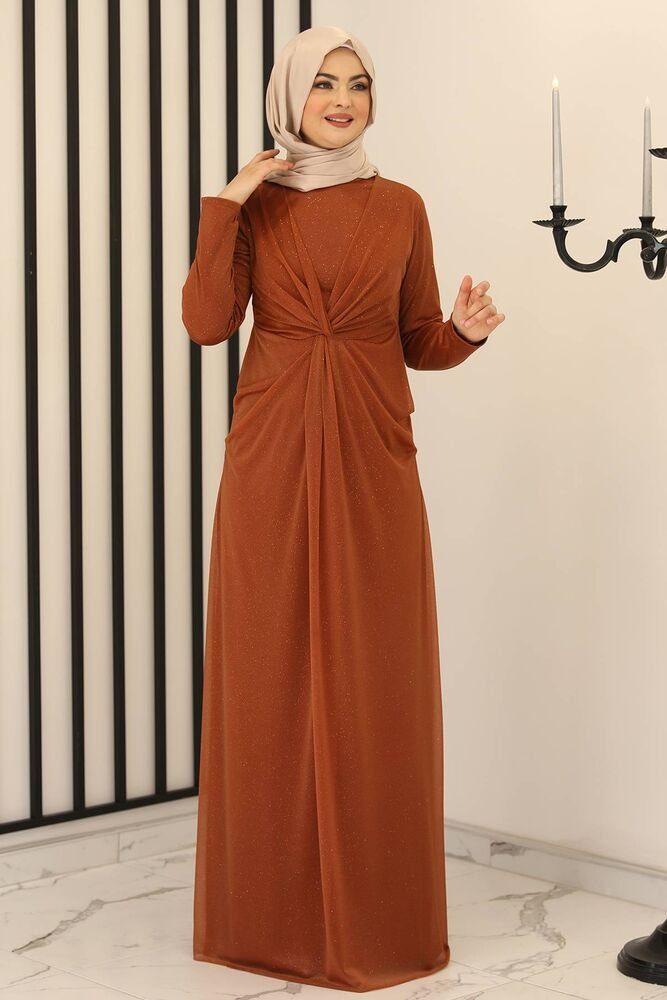 Modavitrini Abendkleid Damen Maxikleid Abiye Abaya langärmliges Hijab Kleid Modest Fashion silbriger glänzender Stoff Ziegelsteinrot