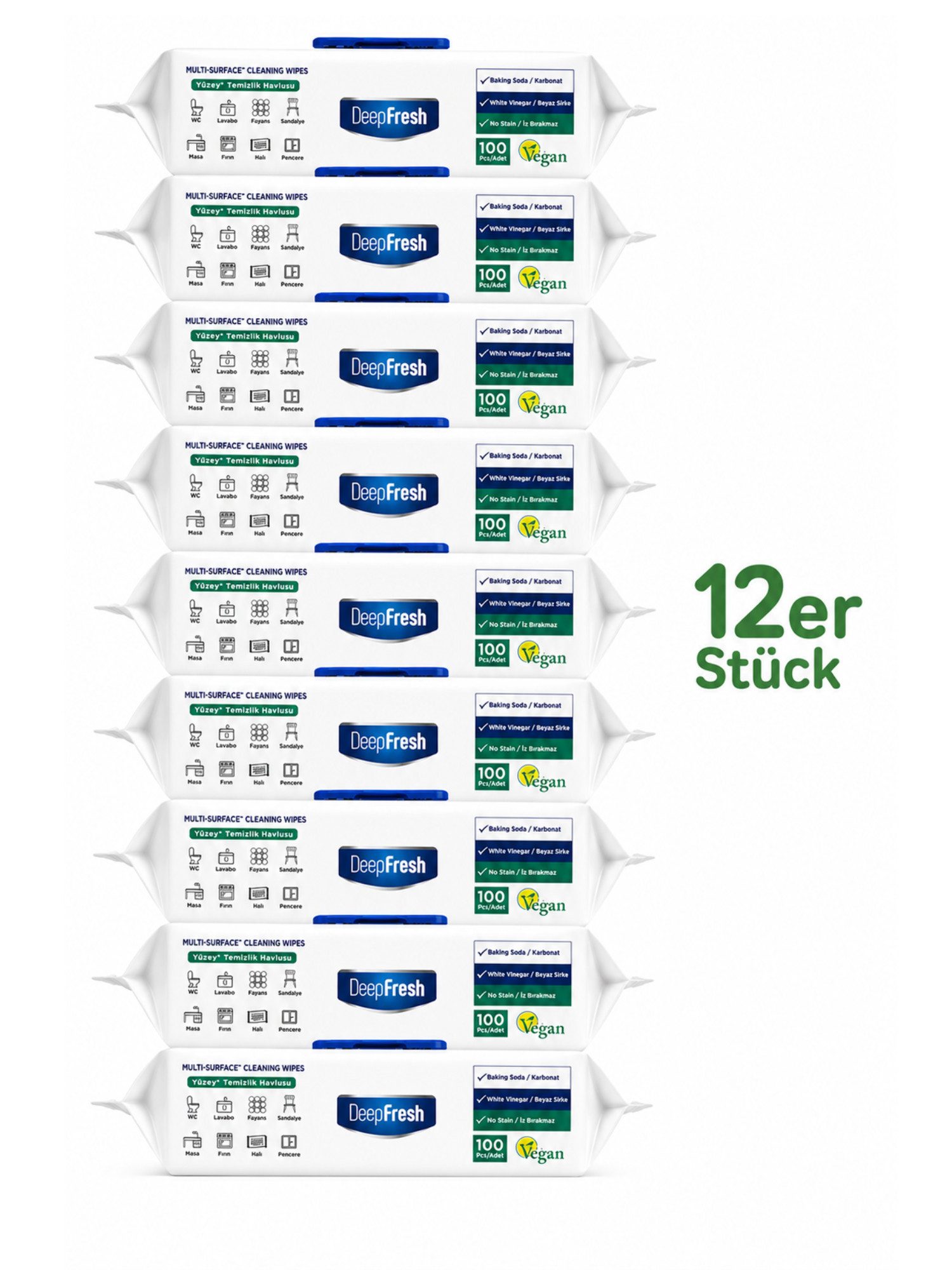 Deep Fresh Multi-Surface Reinigungstücher Weißer Seifenduft 100 Stk Reinigungstücher (Vliesstoff, Einzelpackung, 100 Reinigungstücher, Mit Backpulver, weißem Essig, extra stark, streifenfreie Reinigung)