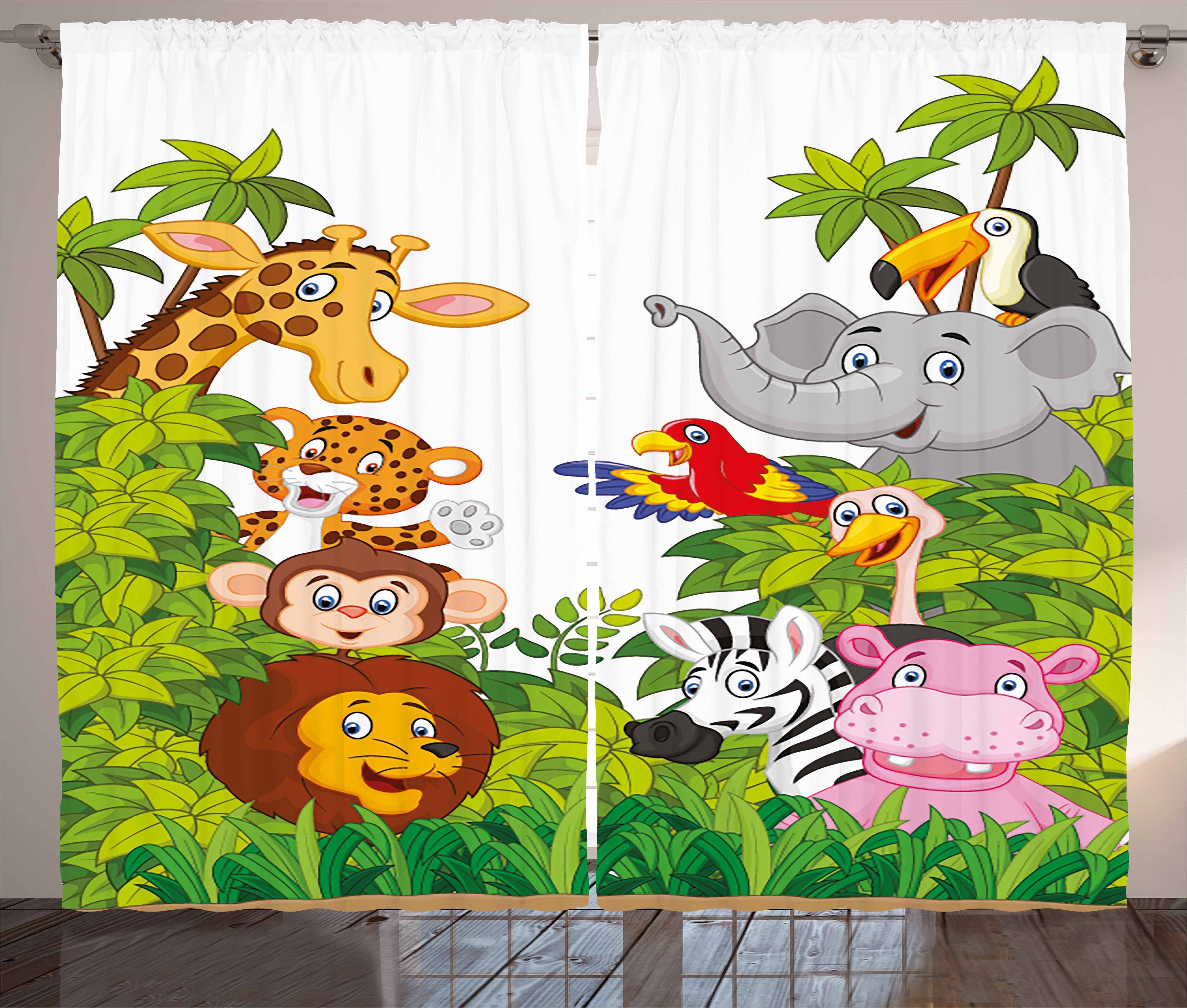 Gardine Schlafzimmer Kräuselband Vorhang mit Schlaufen und Haken, Abakuhaus, Kindergarten Cartoon Zoo Mascots