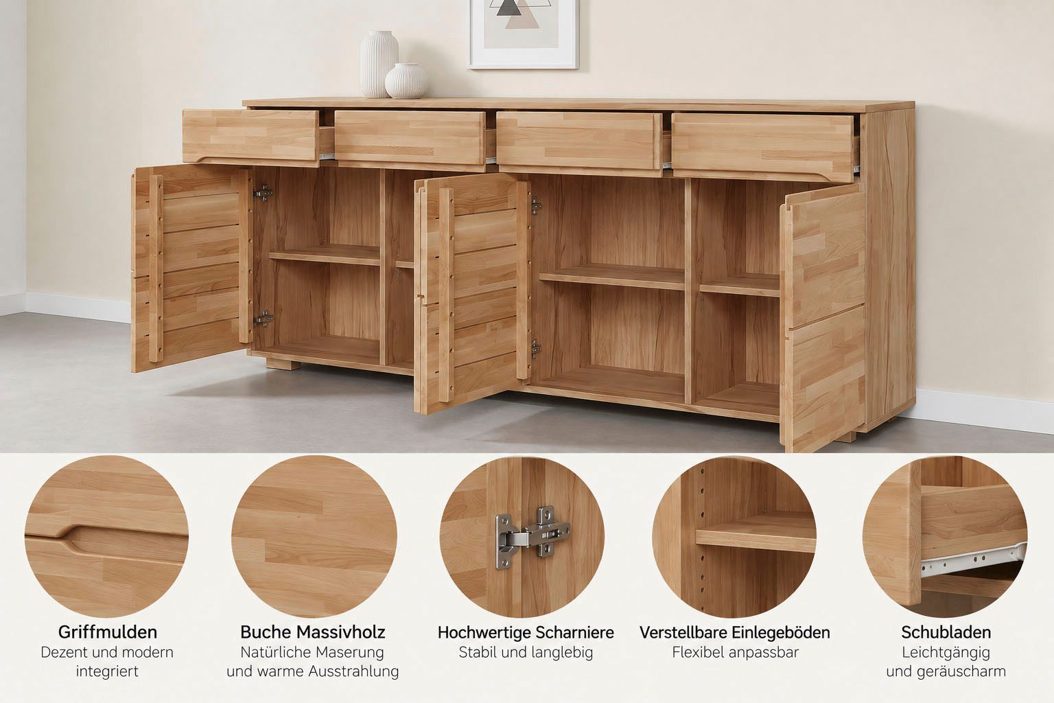 OTTO home Sideboard VETRO Teilmassiv, Fronten Massivholz, Wohnzimmer, Stauraum,Griffmulde, B/T/H:199/40/85cm, 4Schubladen, 8 geschlossen Fächer, Stauraum – Bild 3 von 5