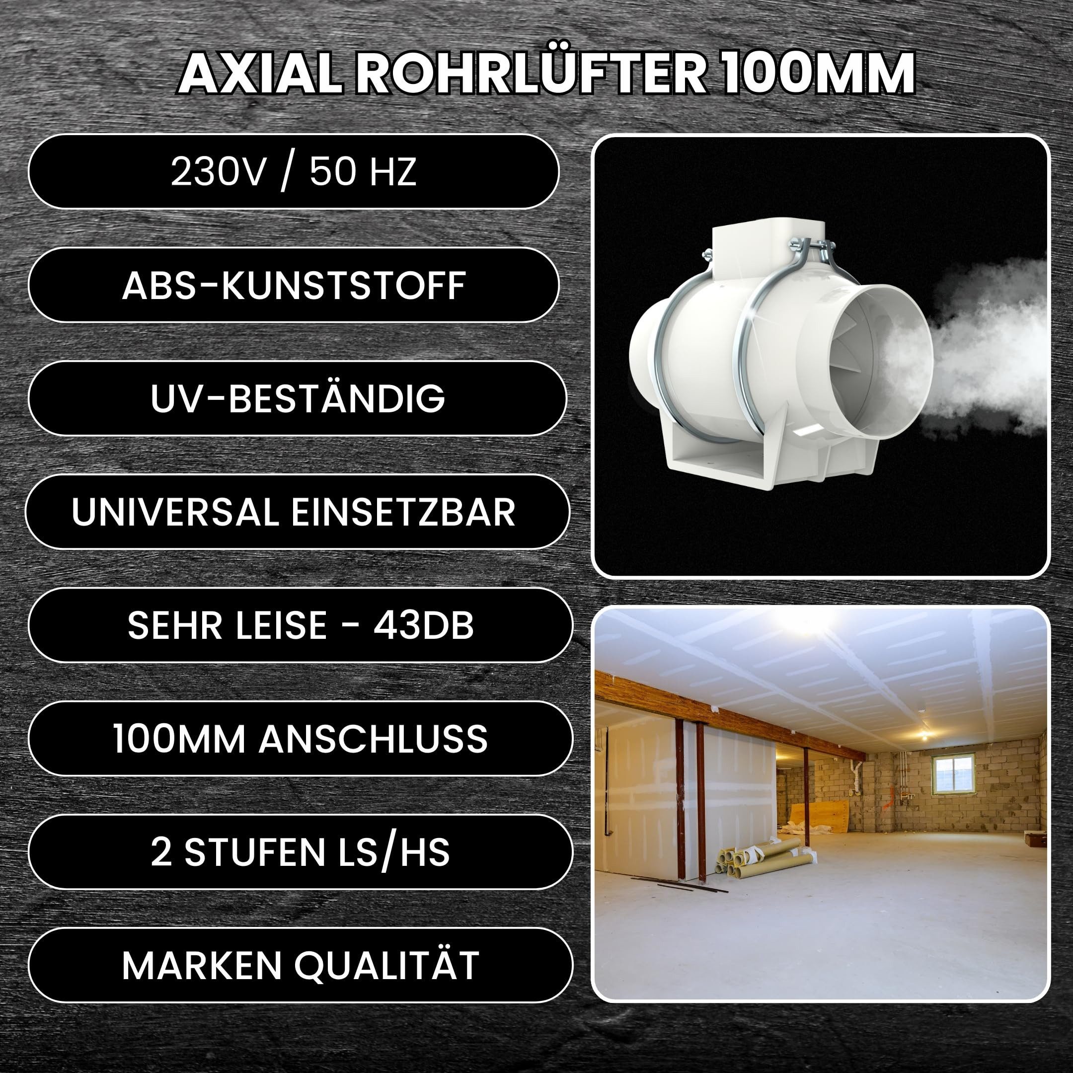 TronicXL Radialventilator 100mm Turboventilator Axial Rohrventilator regelbar mit Kabel Stecker, für Steckdose Lüfter Abluft Zuluft