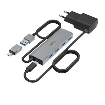 Hama USB Hub mit Netzteil und Adapter grau, 4 Ports mit USB C und USB Typ A USB-Adapter USB Typ A, USB Typ C zu USB Typ A, 100 cm