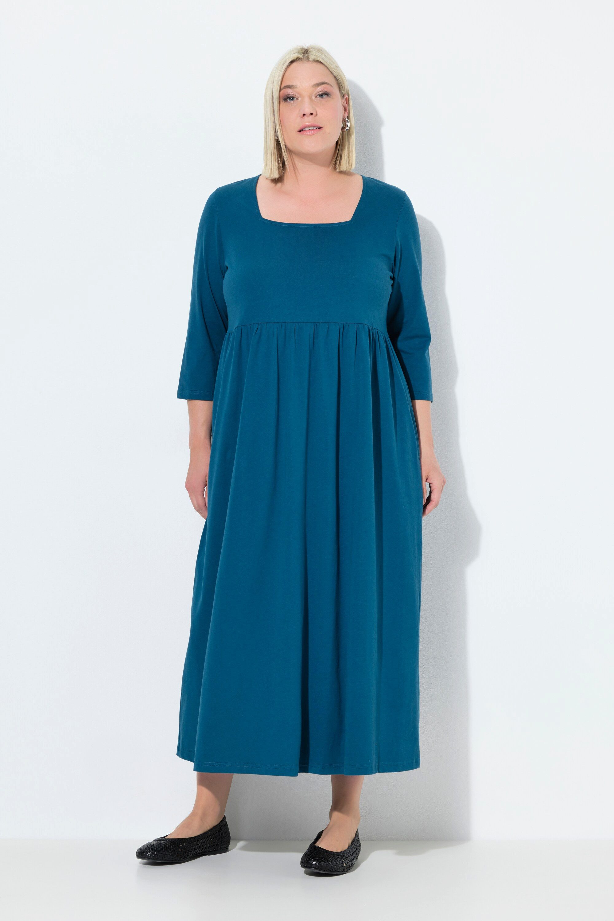 Ulla Popken Maxikleid Jerseykleid A-Linie Carré-Ausschnitt 3/4-Arm
