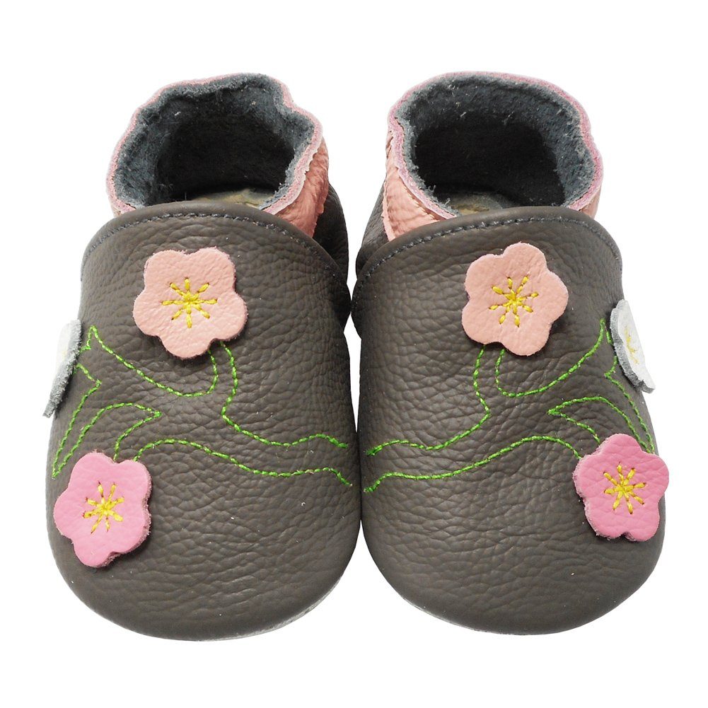 Yalion Weiche Leder Lauflernschuhe Hausschuhe Lederpuschen 3-Blumen Grau Krabbelschuh