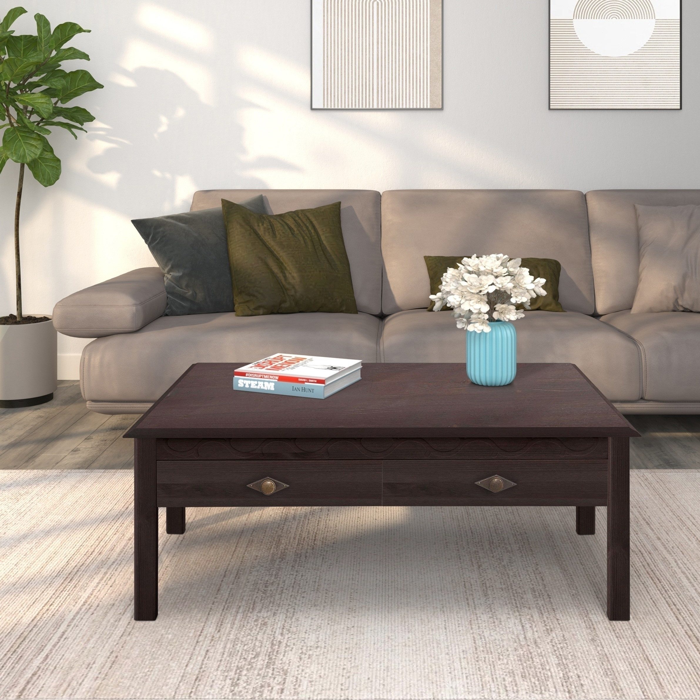 freiraum Couchtisch Lyon, mit 2 Schubladen in Braun, Kiefer - 110x42x70cm (BxHxT)