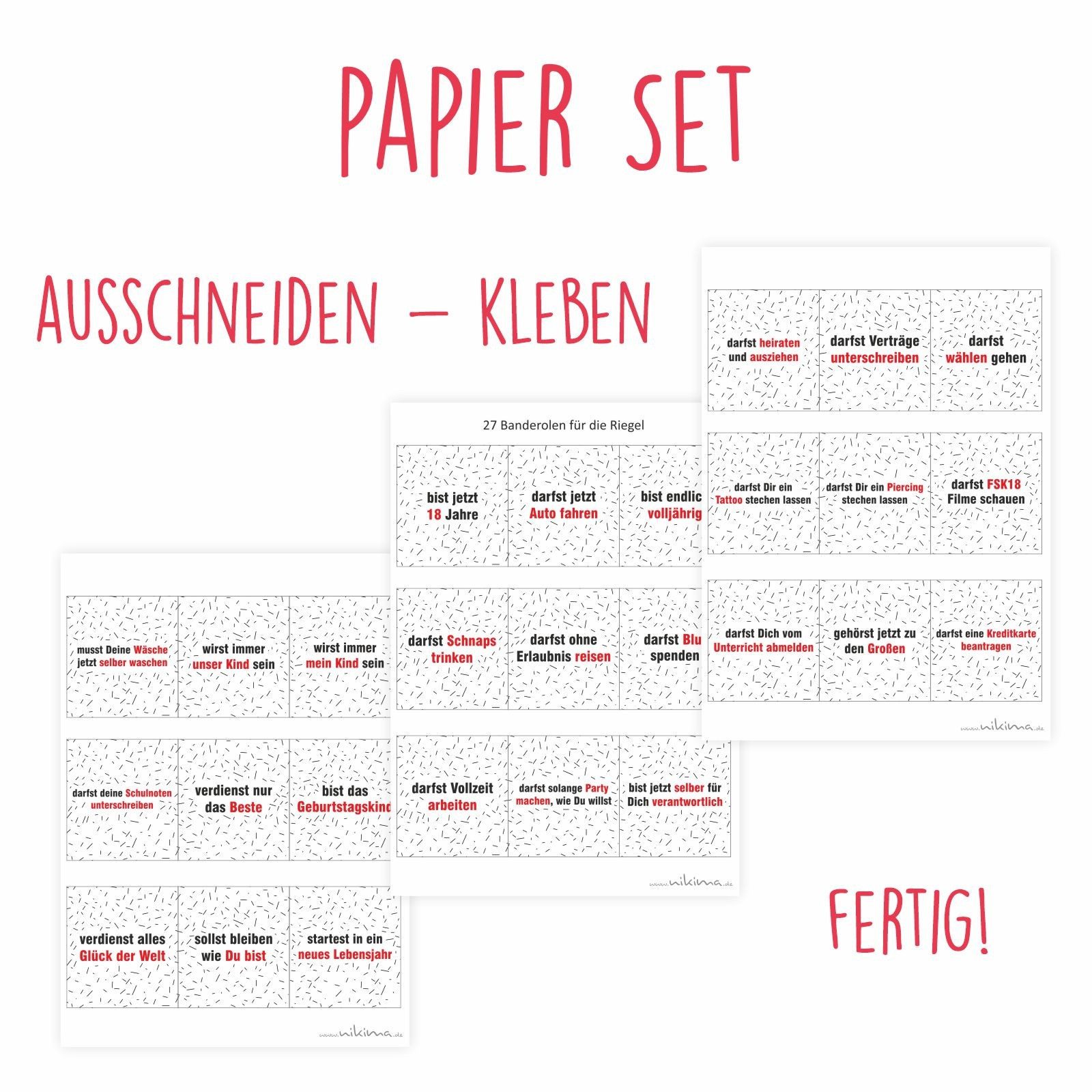 nikima Packpapier PAPIER SET - Duplo Endlich 18 Geburtstag Geschenk DIY Vorlagen Set