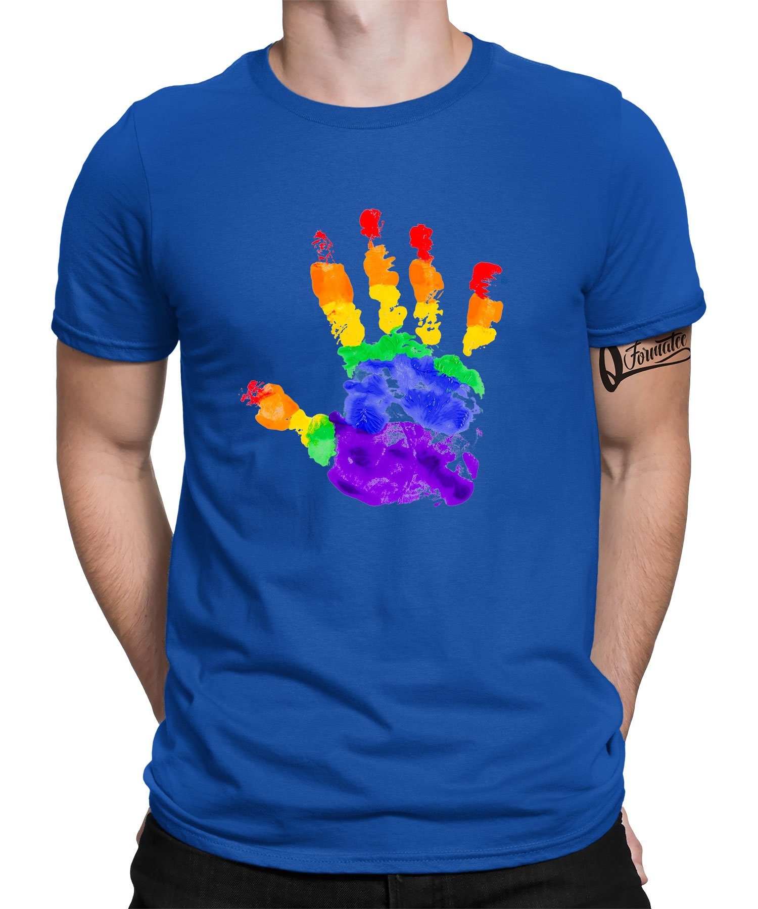 Kurzarmshirt Herren Stolz Regenbogen (1-tlg) Quattro Formatee Pride LGBT Blau Gay - T-Shirt Hand