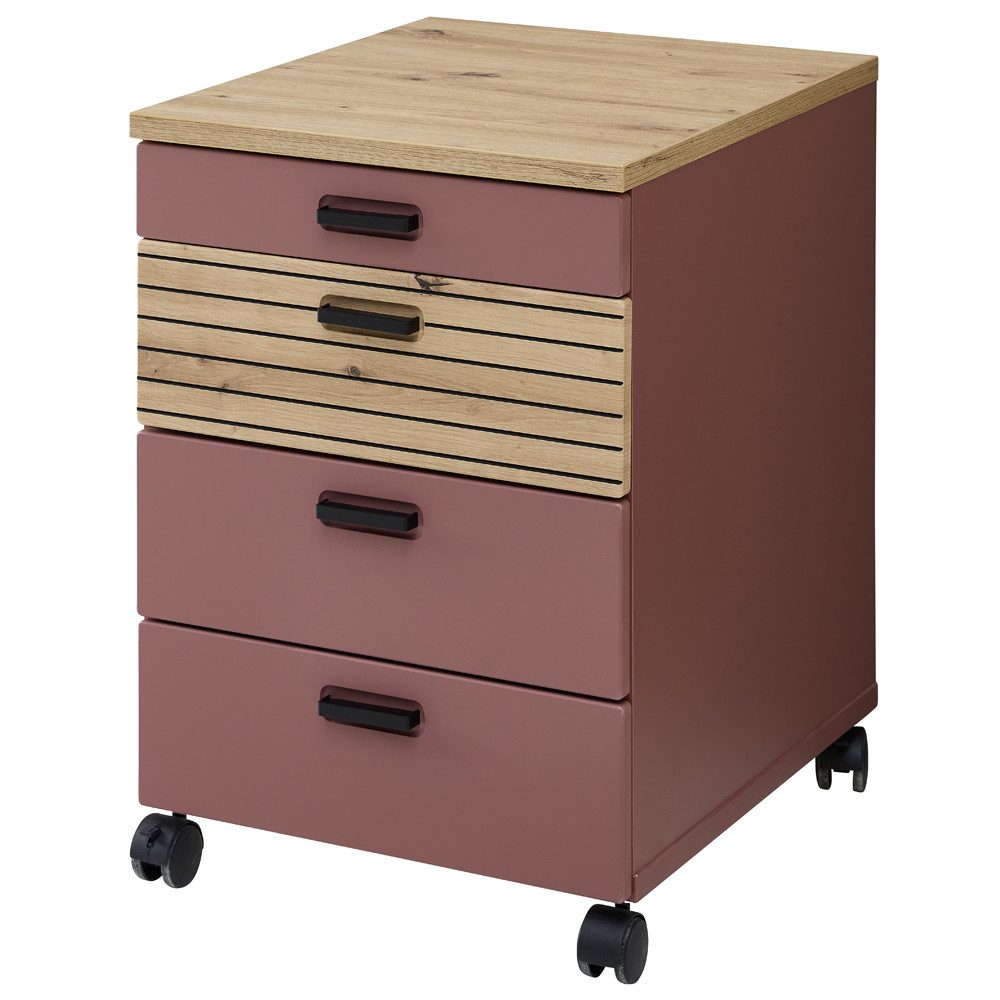 Lomadox Rollcontainer GLENDALE-36, Rot matt Eiche Dekor 45 cm Softclose Schublade Organizer Filz