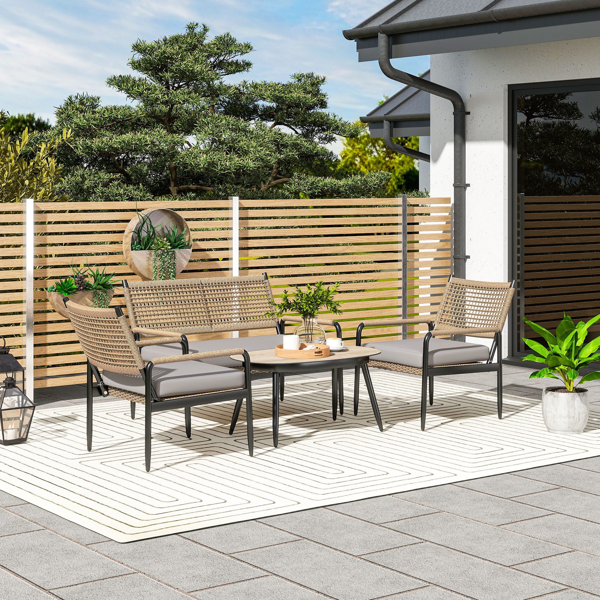 Outsunny Sitzgruppe mit 2er Sofa, Sessel, Glastisch, Kissen, (Gartenmöbel S günstig online kaufen