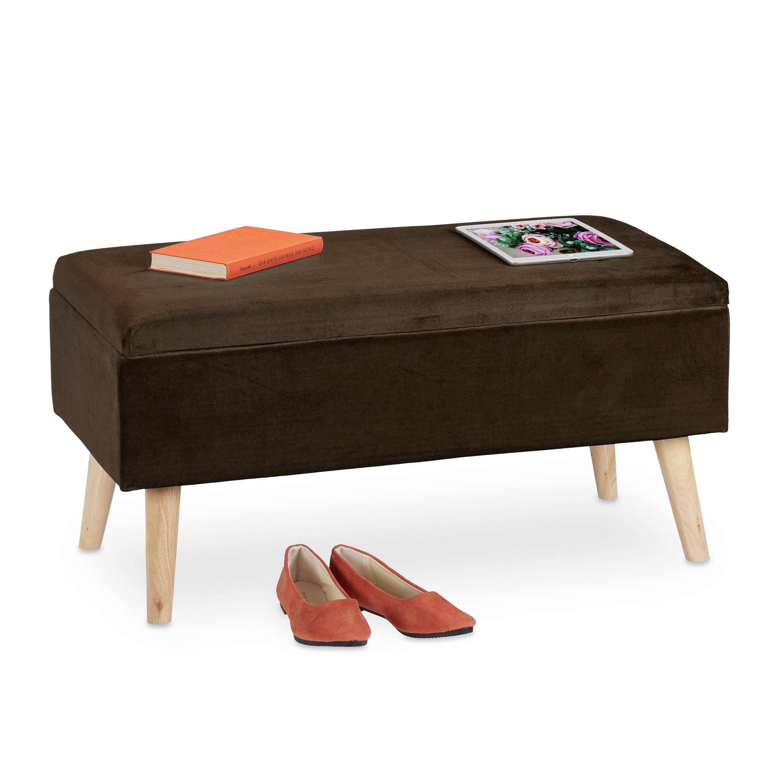 relaxdays Sitzbank Samt Sitzbank mit Stauraum, braun