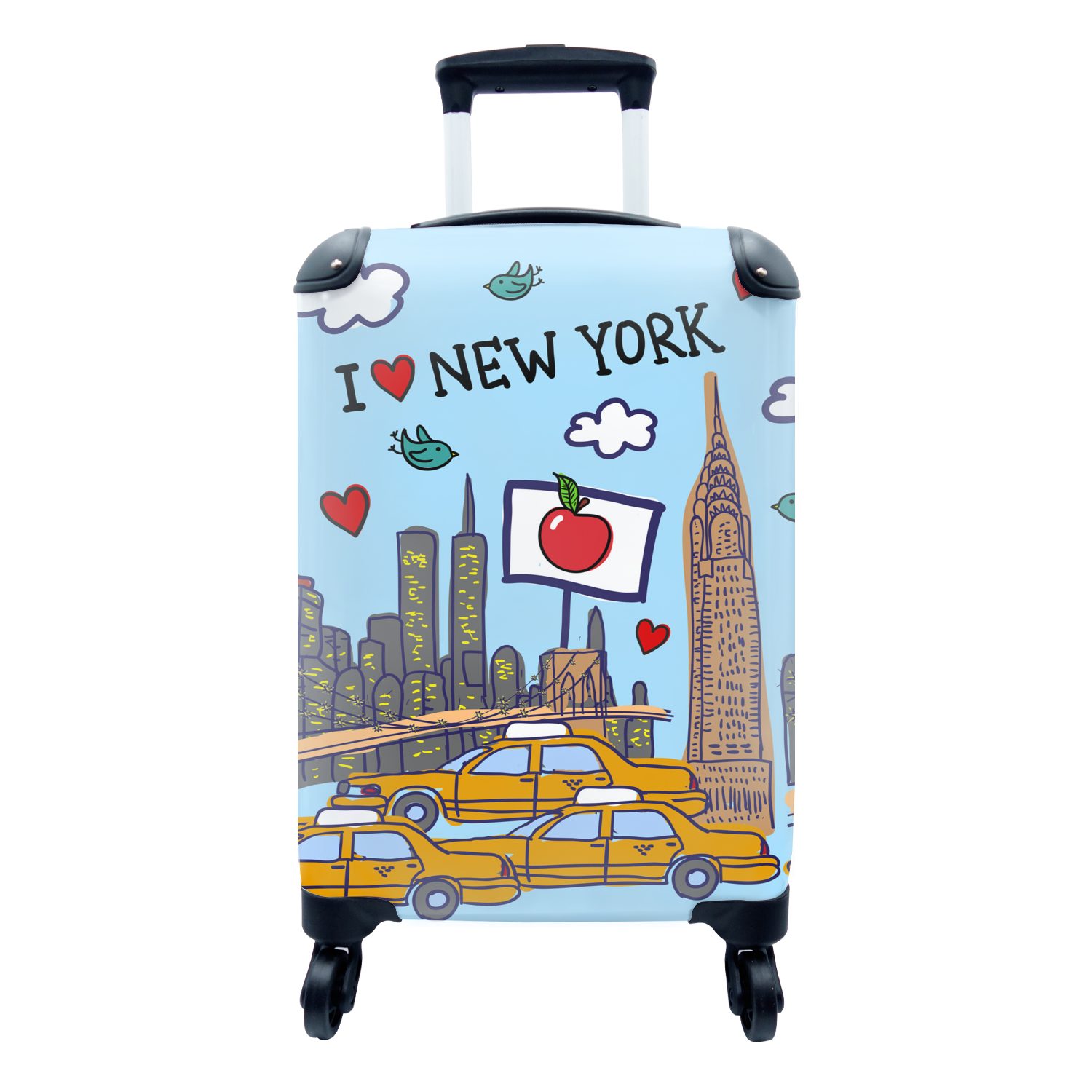 MuchoWow Handgepäckkoffer New York - Zeichnung - Taxi, 4 Rollen, Reisetasche mit rollen, Handgepäck für Ferien, Trolley, Reisekoffer
