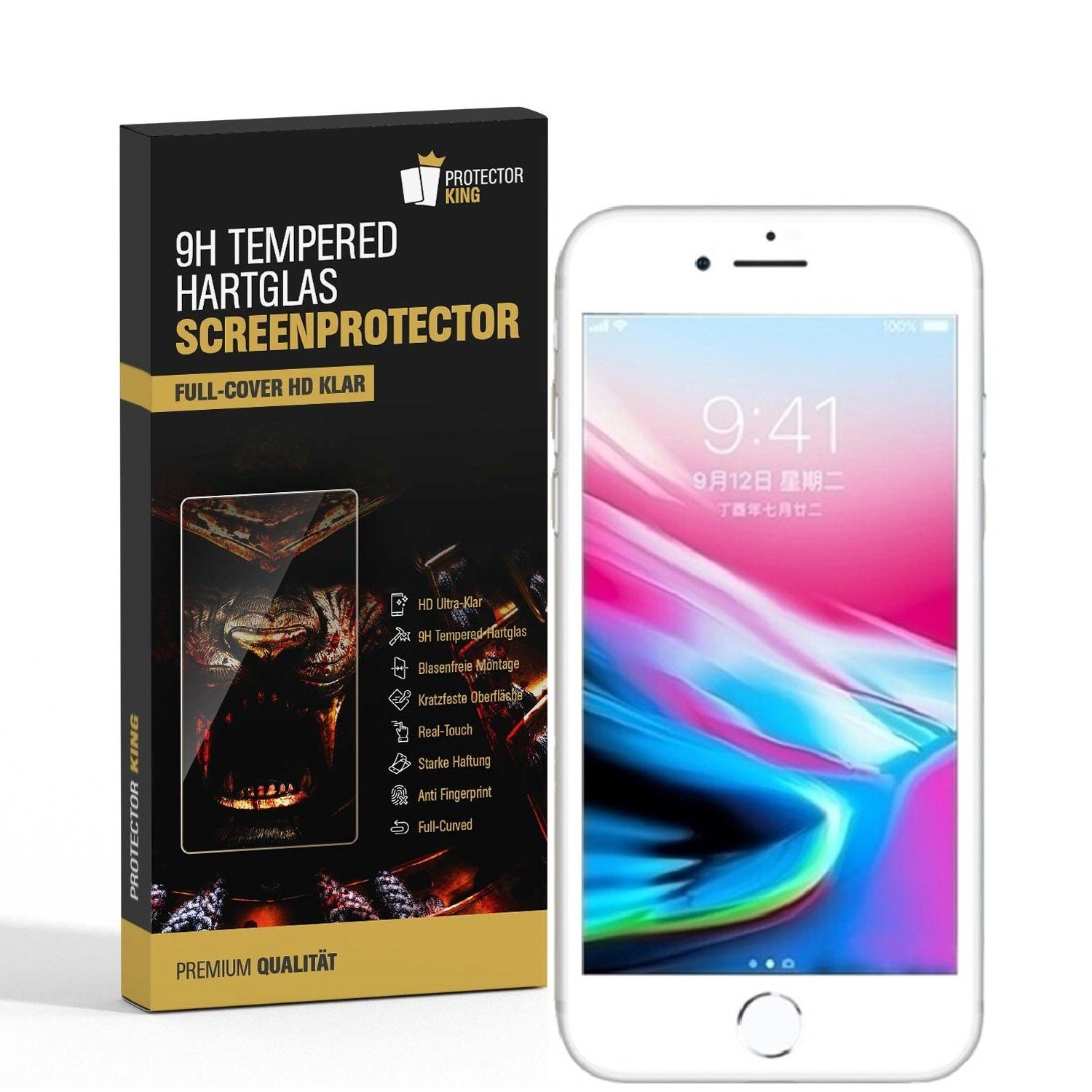 Protectorking Schutzfolie 1x 9H Hartglas für iPhone 7 FULL COVER Panzerfolie Displayschutz WS, (1-Stück), Displayschutzglas, Schutzglas Echtglas Tempered 9H Härte HD-KLAR