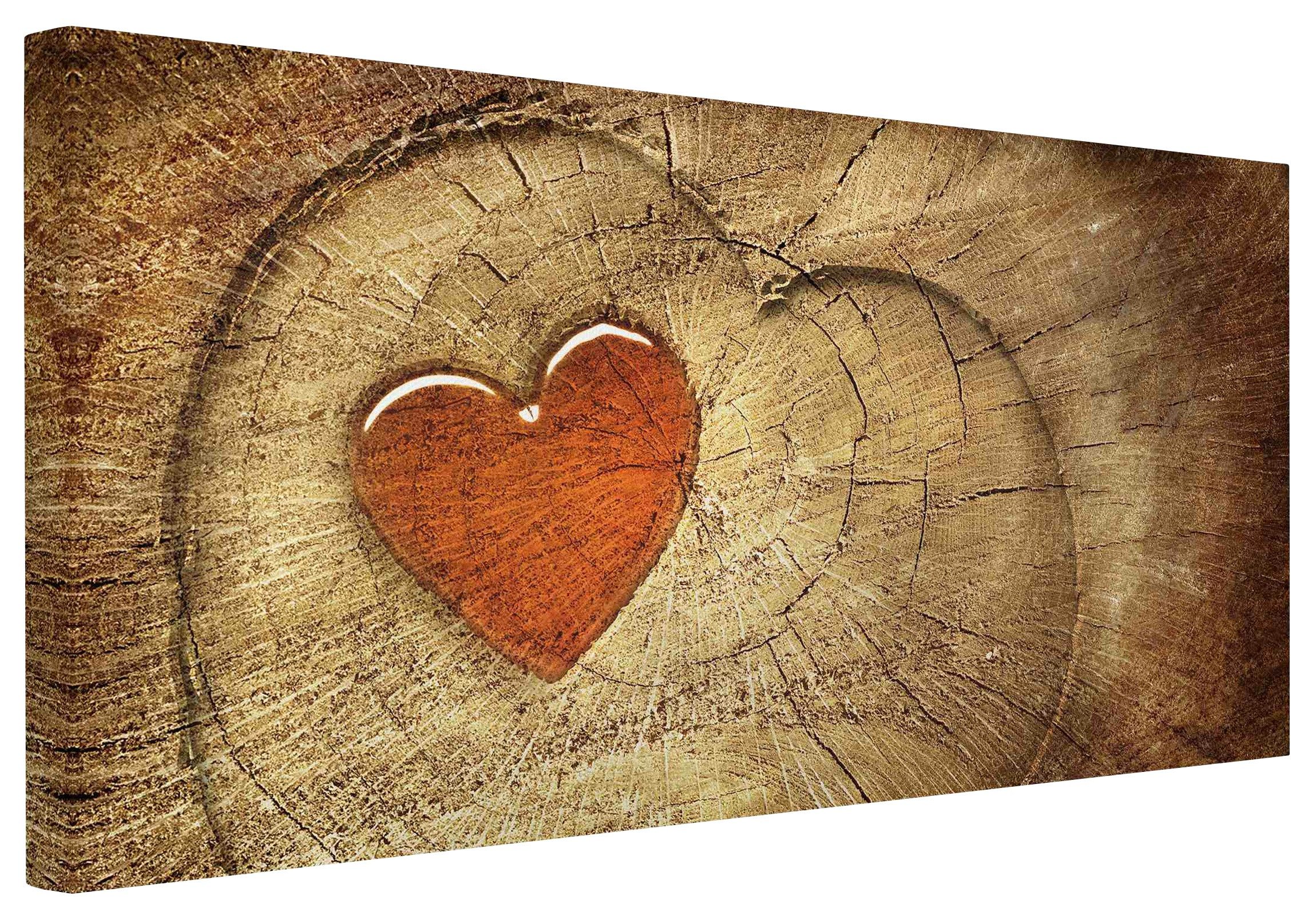 Bilderdepot24 Leinwandbild Holzoptik Herz Liebe Natural Love blau Bild auf Leinwand Groß XXL, Wohnzimmer Schlafzimmer Küche Flur Wandbild Kunstdruck Wanddeko Druck