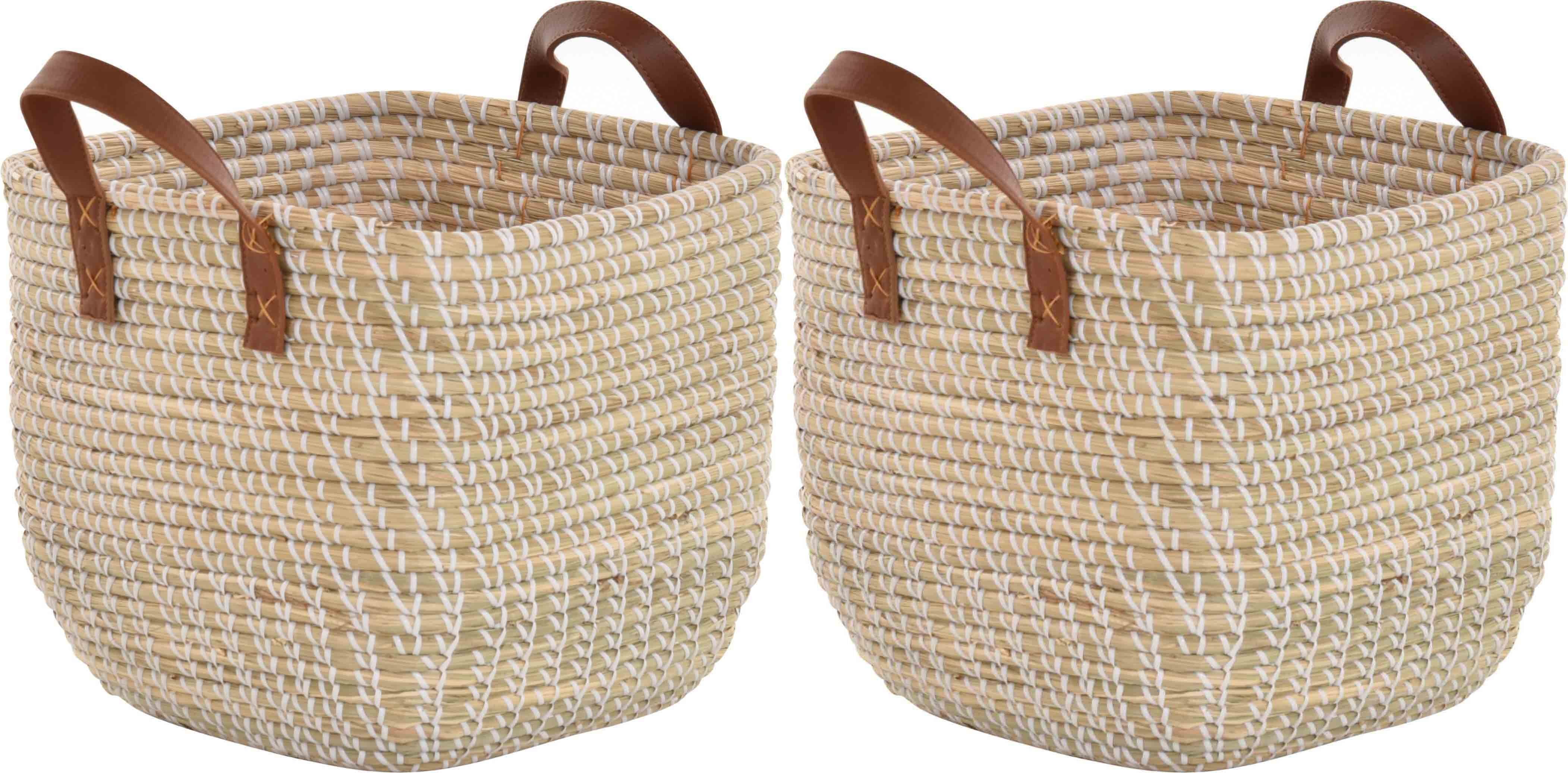 Krines Home Aufbewahrungskorb Set/2 Handgearbeiteter Seegras Dekokorb zur Aufbewahrung Flechtkorb (2 St., 2er-Set), Korb Natur mit weißen Wicklungen Hell Natur Quadratisch