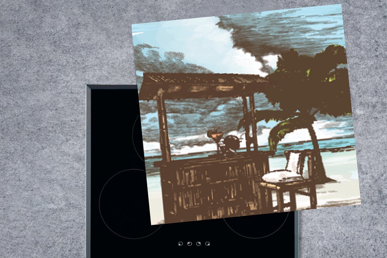 Arbeitsplatte - MuchoWow cm, Palme Herdblende-/Abdeckplatte Strand Vinyl, Hütte, tlg), (1 - für 78x78 Ceranfeldabdeckung, küche