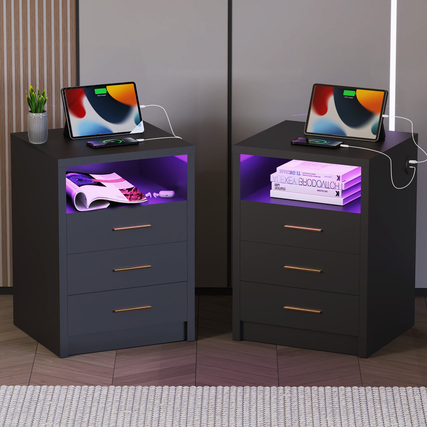 oyajia Nachttisch Nachtschrank mit 2/3 Schubladen, Beistelltisch mit Ladestation und LED (1-st RGB Nachttisch mit Schubladen und Ladestation), Nachttisch mit Schubladen, Einstellbare Farben, Type-C, USB-Anschlüsse