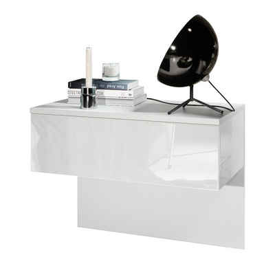 Vladon Nachttisch Sleep (Nachttischschrank, mit Schublade zur Wandmontage), Weiß matt/Weiß Hochglanz (60 x 46 x 35 cm)