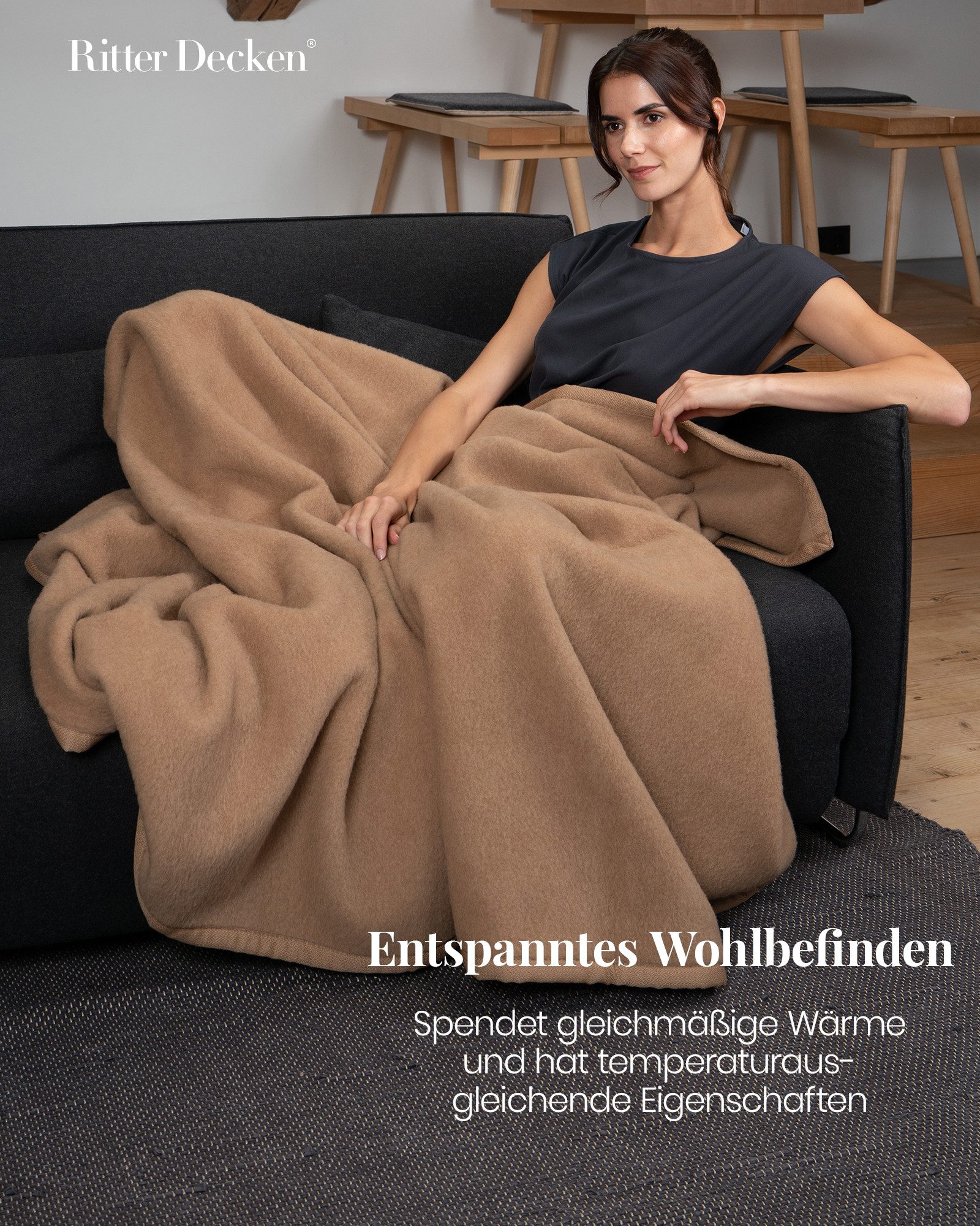 Wohndecke Extraweiche Wolldecke Mandarin aus einem feinen Kamelhaar-Merino Mix, Ritter Decken, Kamelhaardecke, 50% Kamelhaar, 50% Merino, weitere Größen & Farben