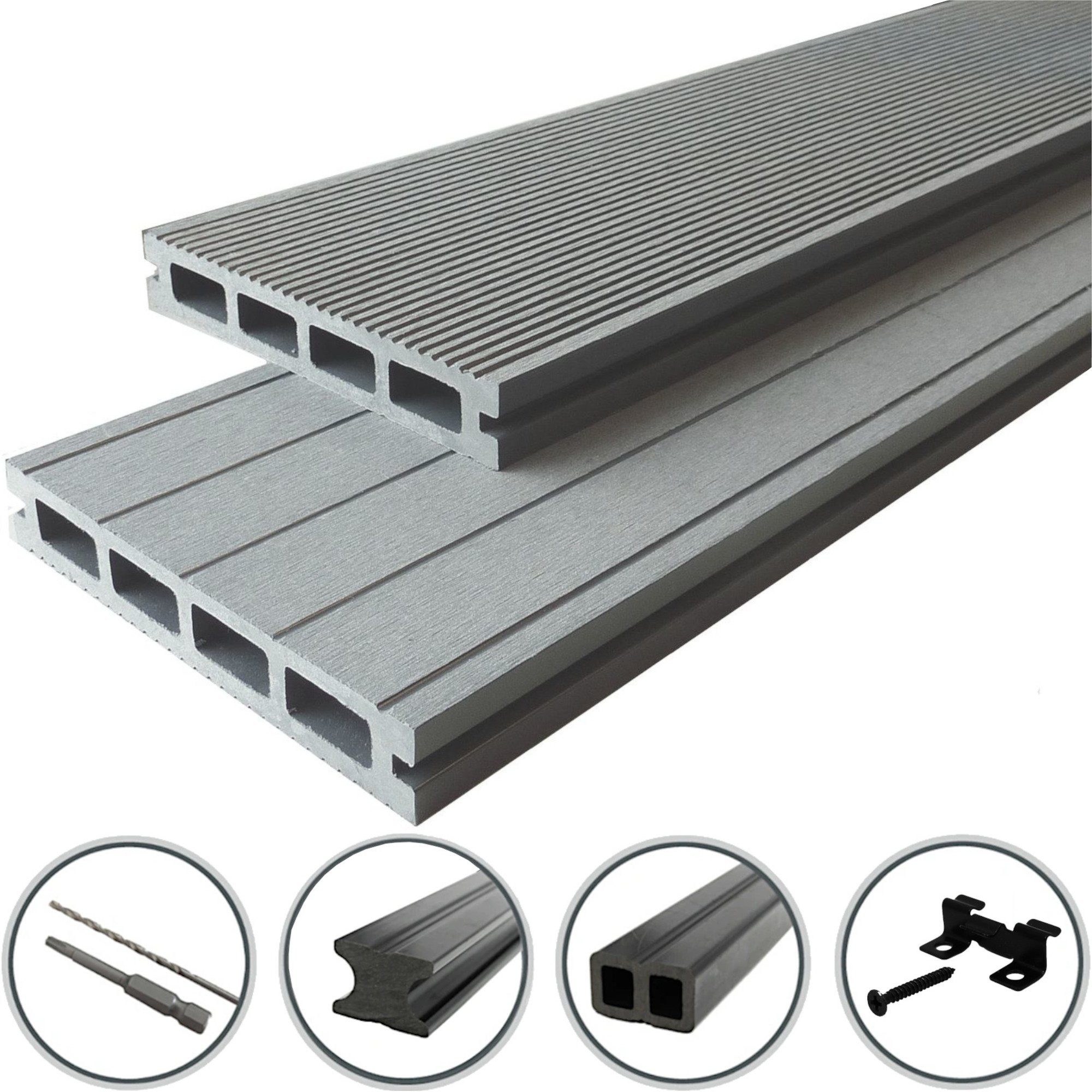 WPC Profi Terrassendielen Terrassen Diele 25mm Steingrau Grau, (Komplettset, mit Unterkonstruktion, Clips und Schrauben)