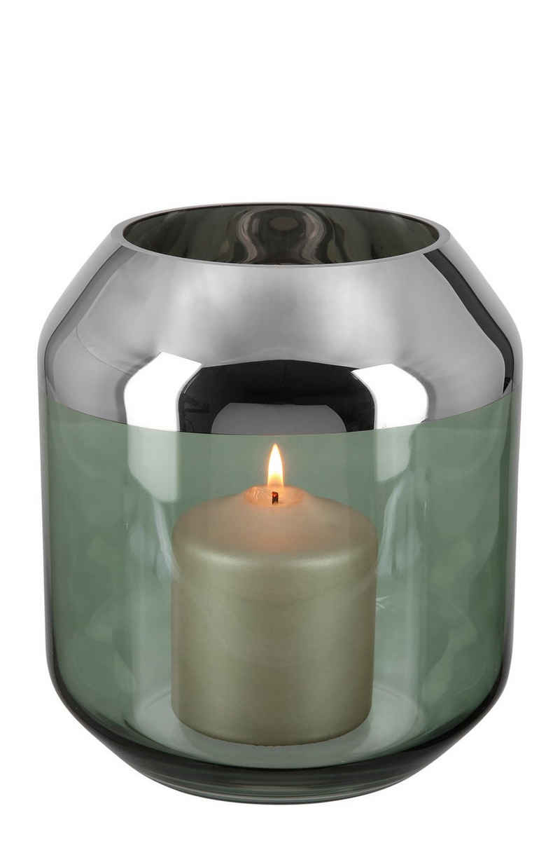 Fink Teelichthalter Teelichthalter / Vase SMILLA - dunkelgrün - Glas - H.20,6cm x B.18cm, mundgeblasen - folierter silberfarbener Rand - Ø Öffnung: 11,5 cm