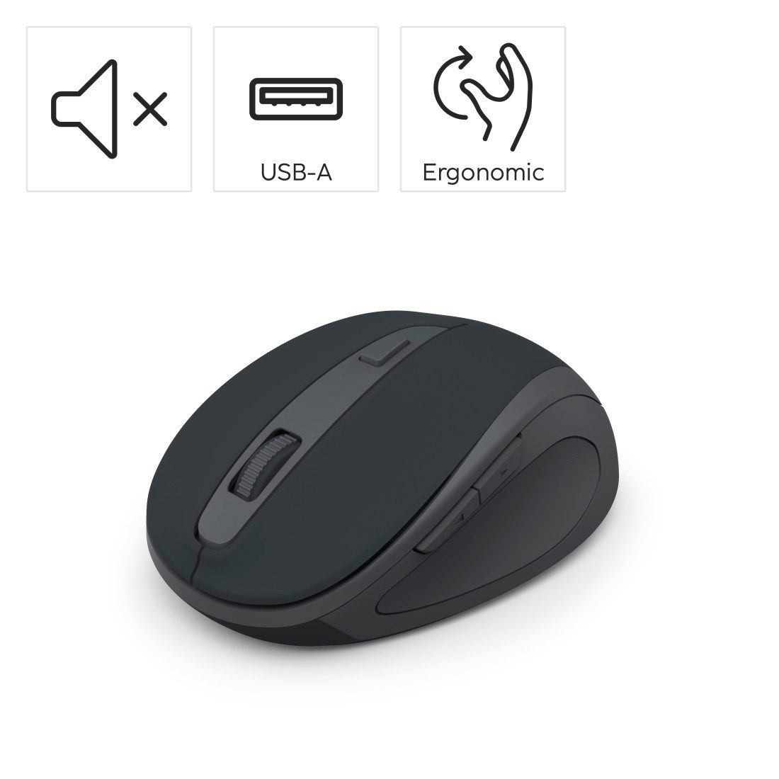 Hama Funkmaus WM-400 ergonomisch optisch 6 Tasten leise Maus (Funk, Ergonomisch, flüsterleise, 6 Tasten, DPI-Schalter, USB-Empfänger)
