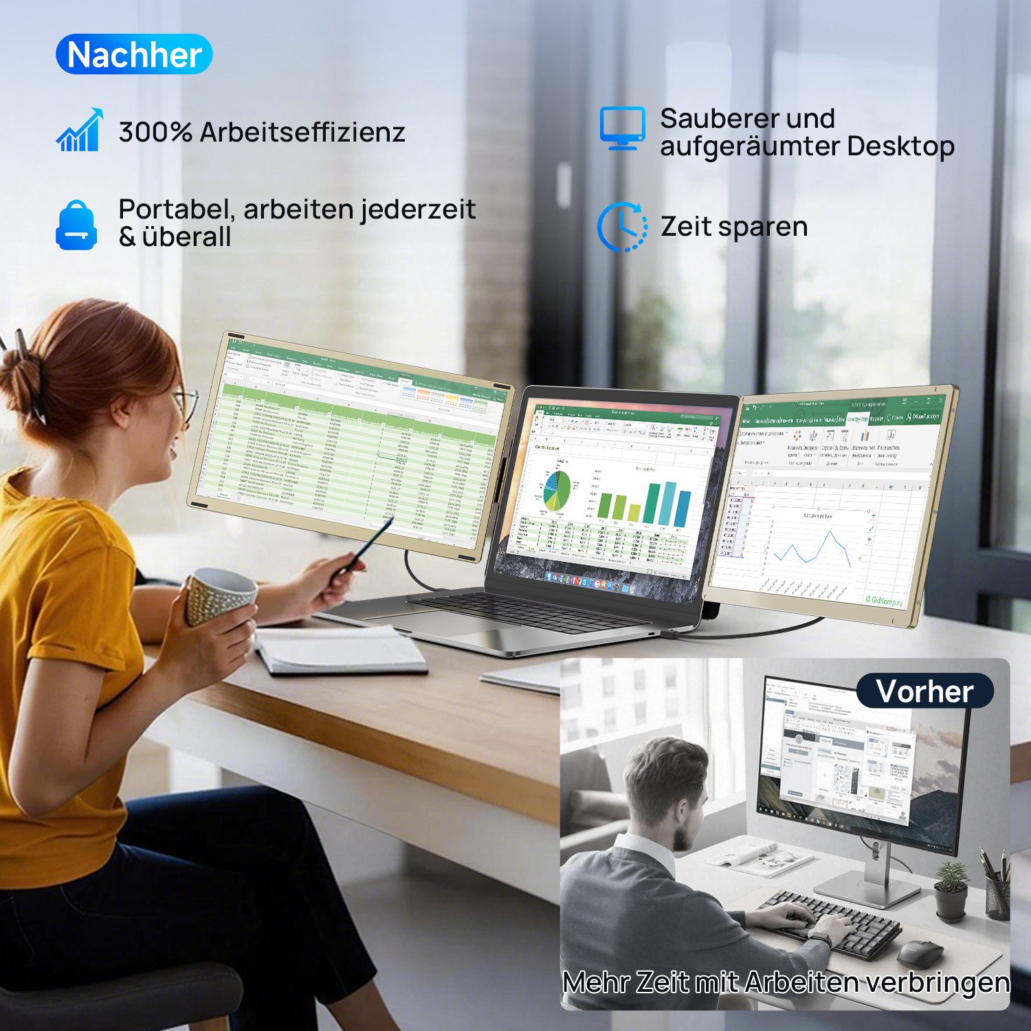 KEFEYA Dual-Screen-Laptop-Bildschirm-Extender Laptop-Bildschirmerweiterung Portabler Monitor (16 cm/15,6 ", 1920x1080 px, Full HD, 60 Hz, HDR, Als Einzelbildschirm nutzbar, kompatibel mit Windows, Android, Chrome)