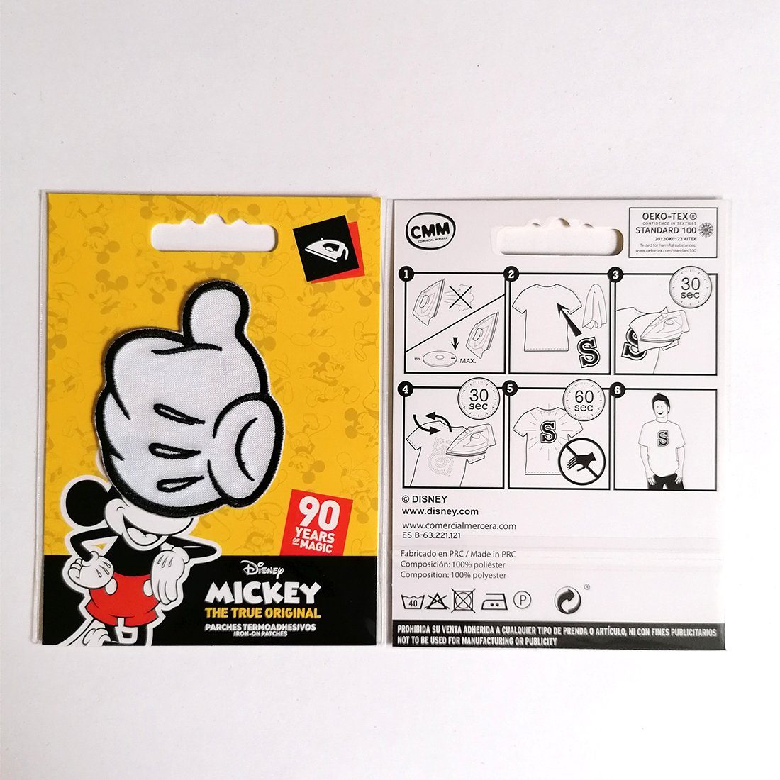 Disney Aufnäher Bügelbild, Aufbügler, Applikationen, Patches, Flicken, zum aufbügeln, Polyester, Mickey Mouse 90 Jahre Daumen hoch - Größe: 4,8 x 6,0 cm