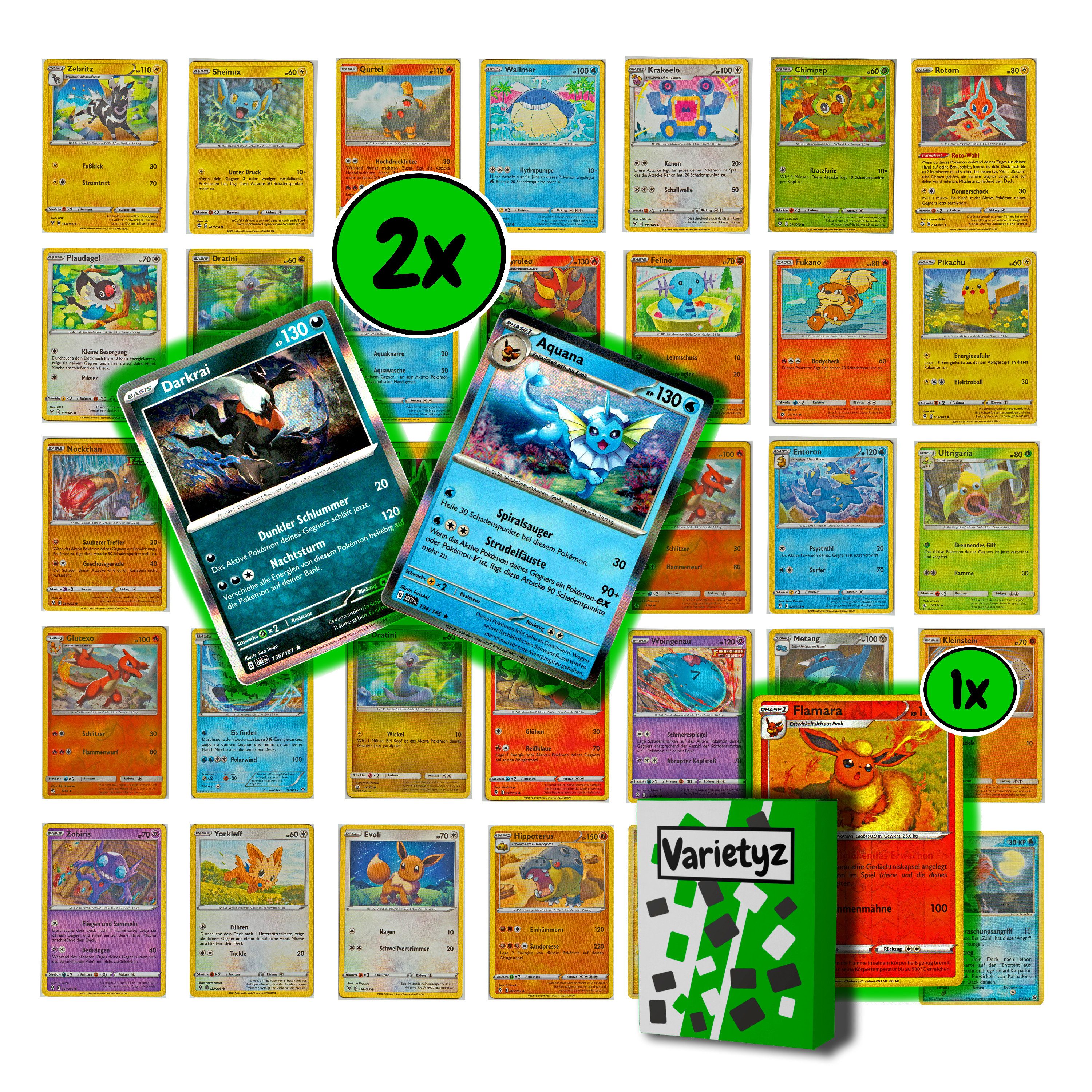 Varietyz Sammelkarte 50 verschiedene Pokemon Karten Deutsch Original Karten Set - 2 Holos