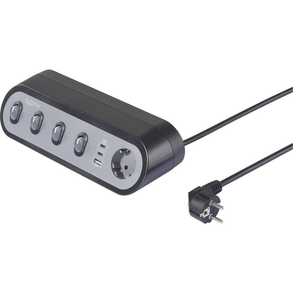 Sygonix SY-6901966 Tischsteckdose 5fach Schwarz, Grau Schutzkontakt 1 St. Steckdosenleiste, mit Schalter, mit USB, mit USB-C®, Power Delivery