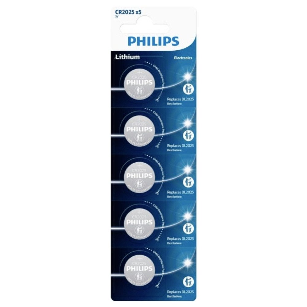 Philips Philips Knopfzelle CR 2025 3 V 5 St. Lithium Minicells Knopfzelle, (3.00 V)