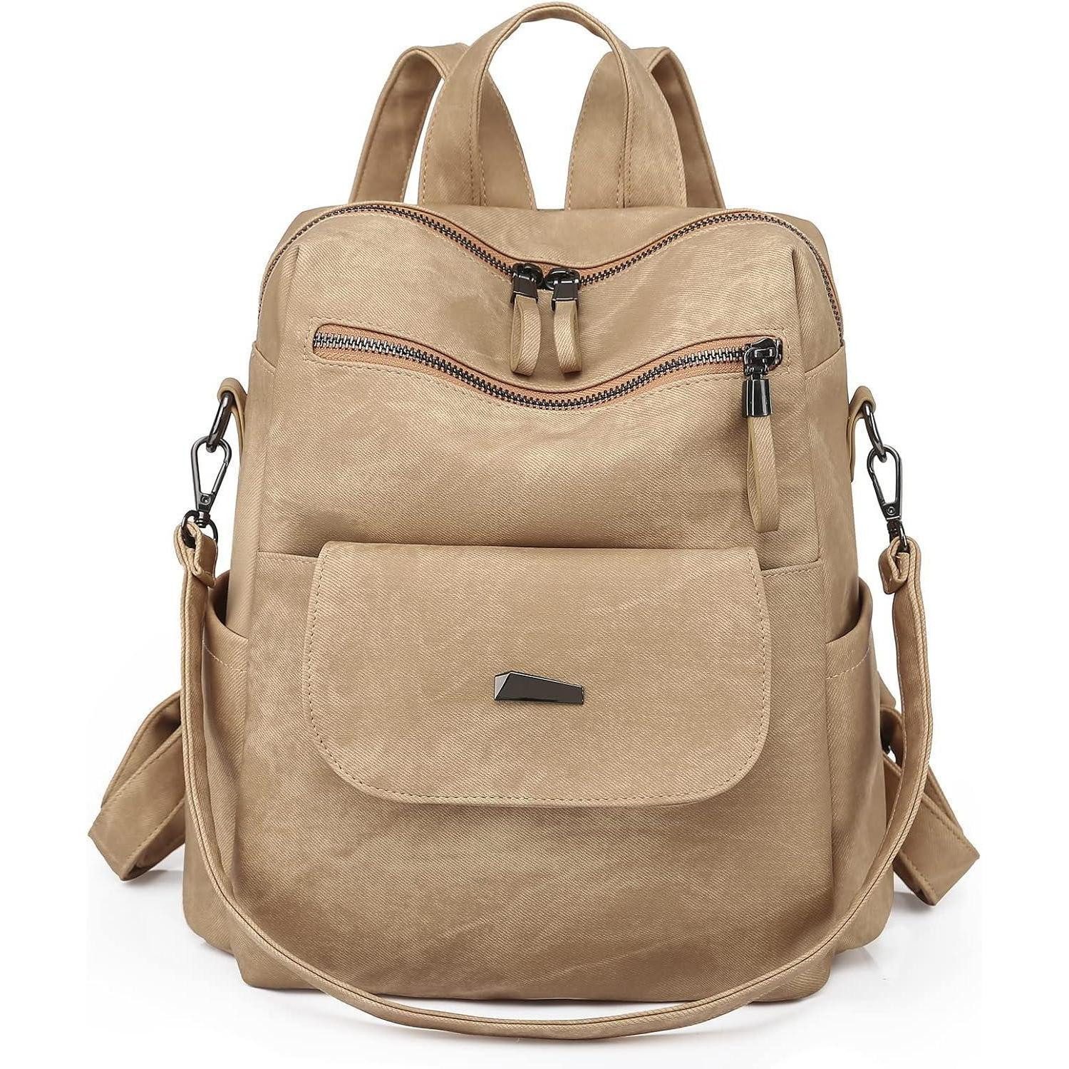 Freizeitrucksack Rucksack Damen Wasserdicht Diebstahlsicher PU Leder Khaki