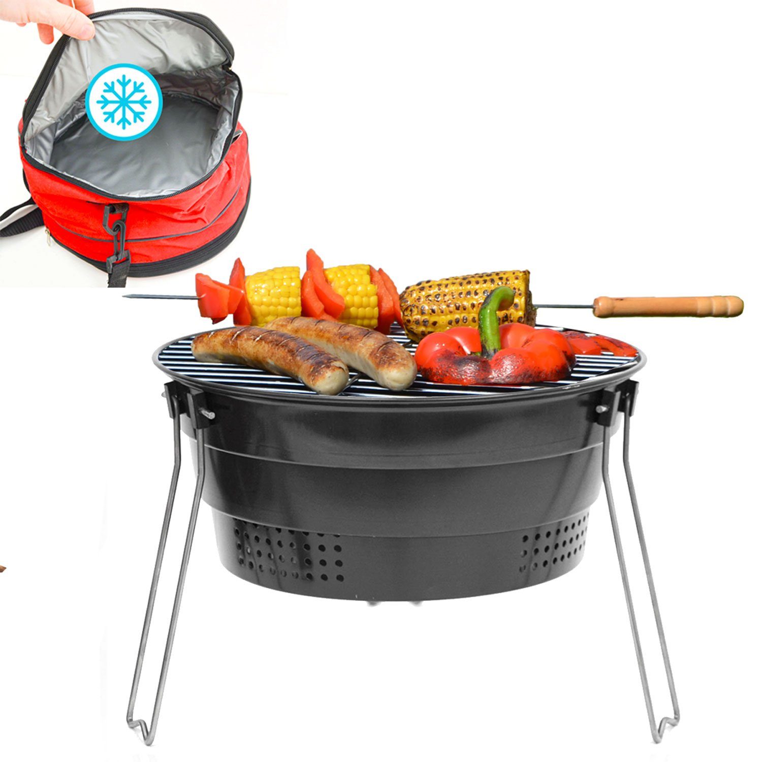 eyepower Holzkohlegrill Faltbarer BBQ Grill mit Kühltasche Ø 28cm tragbar, Mobiler Picknick Grill mit Kühlfach für Camping Strand Garten