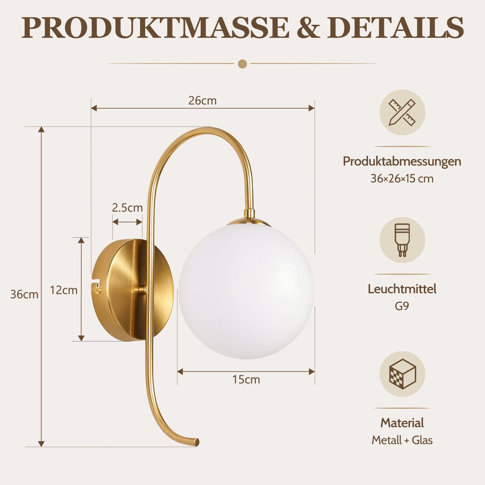 Nettlife Wandleuchte Gold Glaskugel 24cm G9 Vintage Wandbeleuchtung aus Metall, ohne Leuchtmittel, für Wohnzimmer Flur Schlafzimmer Dekorative Wandlampe