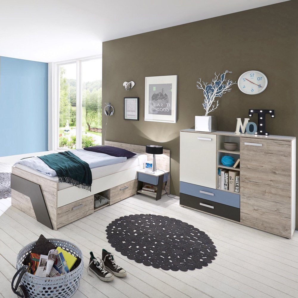 Lomadox Jugendzimmer-Set LEEDS-10, (Sparset, 3-tlg), Sandeiche mit Denim Blau Kommode mit weiß in Lava und Nb. 3-teilig