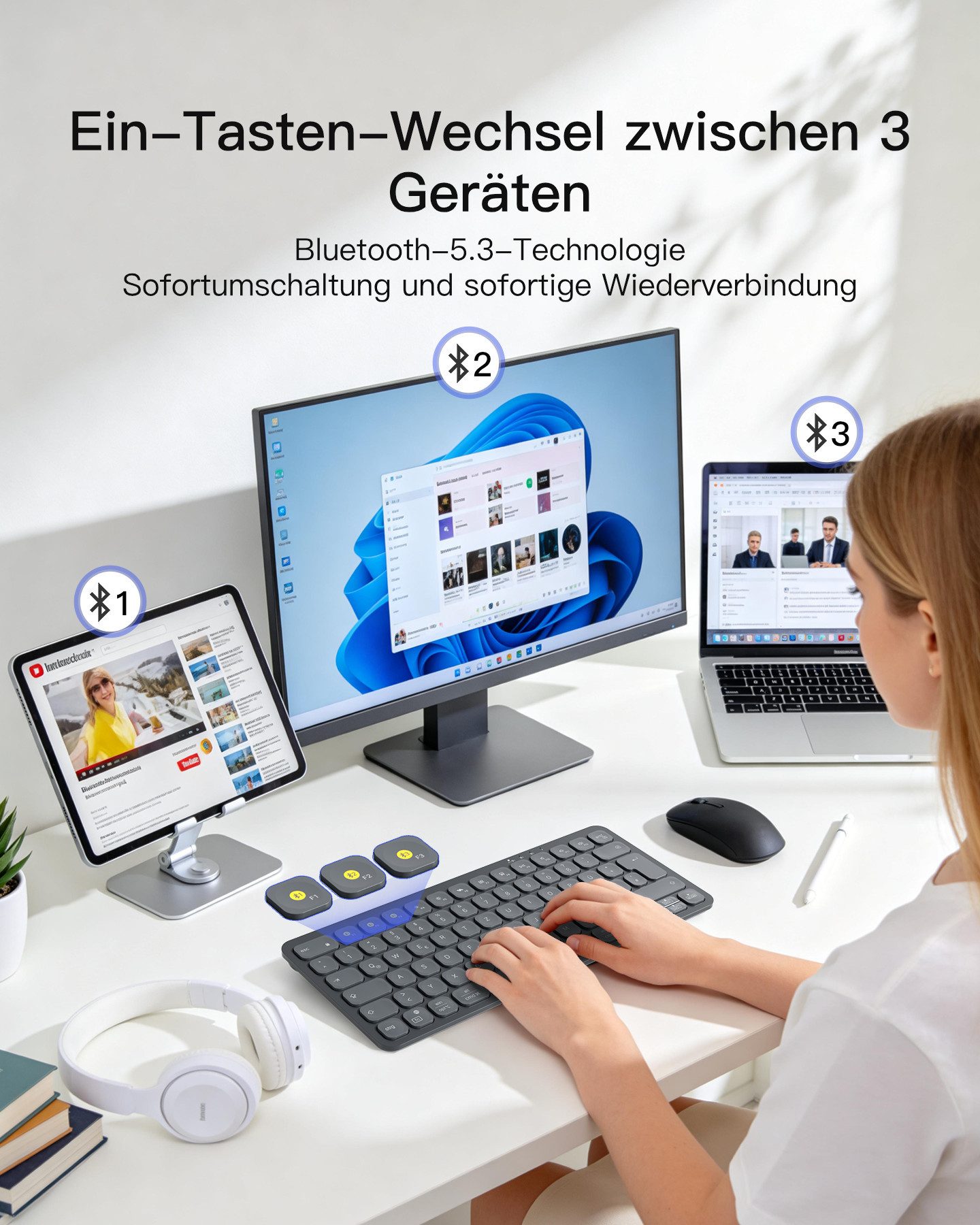 Inateck Bluetooth Tastatur Kabellose, Funktastatur mit 3 Bluetooth,Schlankes Wireless-Tastatur (für Windows, iPad OS, Android, iOS)