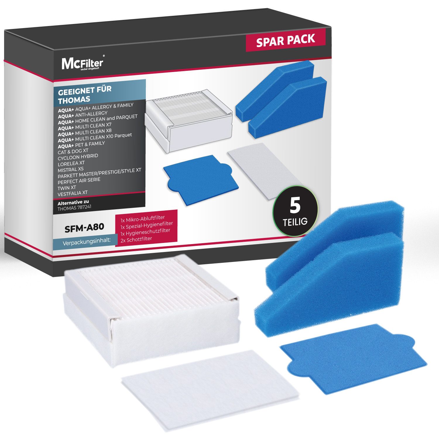 McFilter Filter-Set 5-teilig, Hygienefilter Abluftfilter passend für THOMAS AQUA+ PET &, FAMILY ALLERGY & MULTI CLEAN, Alternative für Filterset 99 (787241)