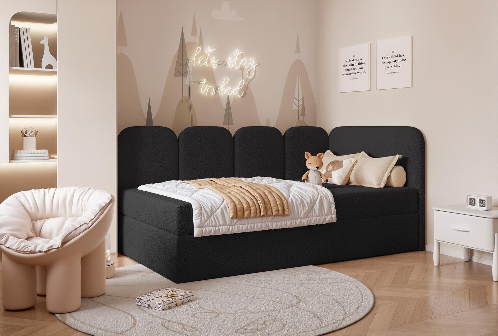 Compleo Boxspringbett Jugendbett DREAMY, Polsterbett mit Bettkasten, 80/90/100/120x200, Kopfteil links oder rechts, Boucle oder Velvet