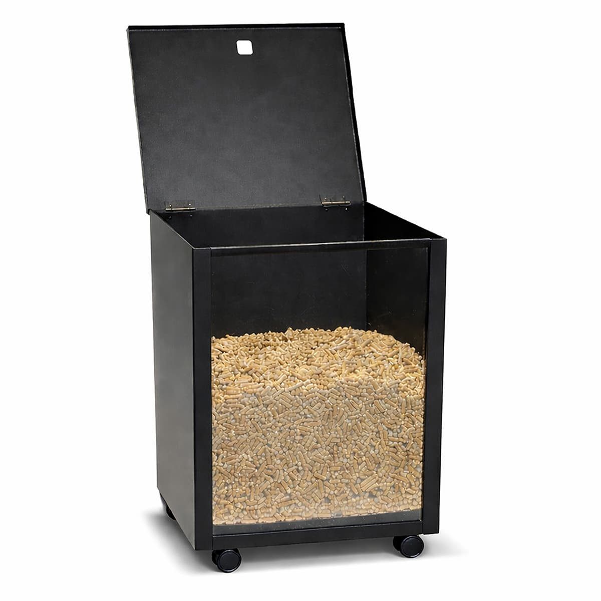 MS Beschläge Kaminholzkorb Pelletbehälter schwarz mit Rollen und Sichtfenster, Pelletkorb Pelletbox 37x52x37cm