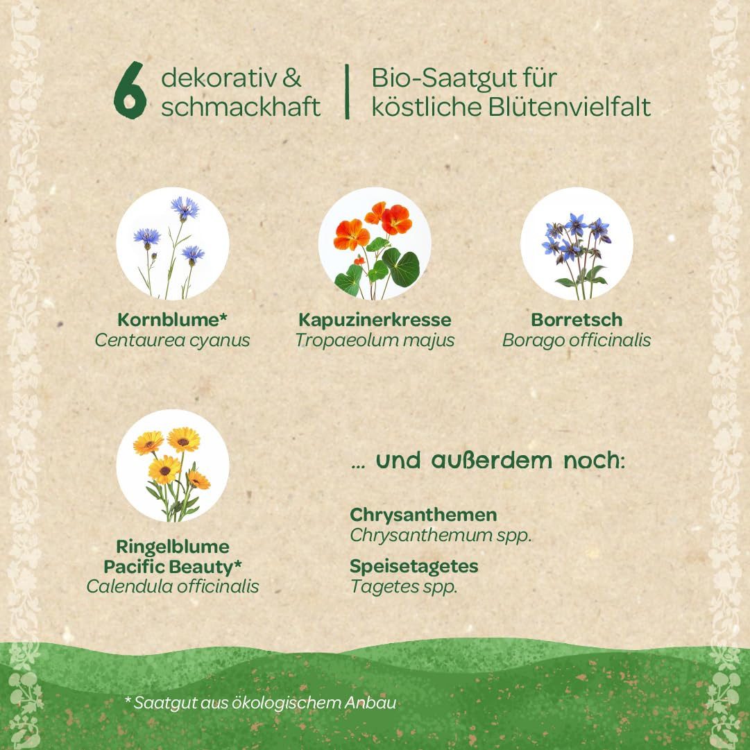 Die Stadtgärtner Blumensamen Saatgut-Set essbare Blüten mit 6 BIO-Sorten, Tolles Garten-Geschenk, Samenfest, Ohne Gentechnik, Laborgeprüfte Keimrate