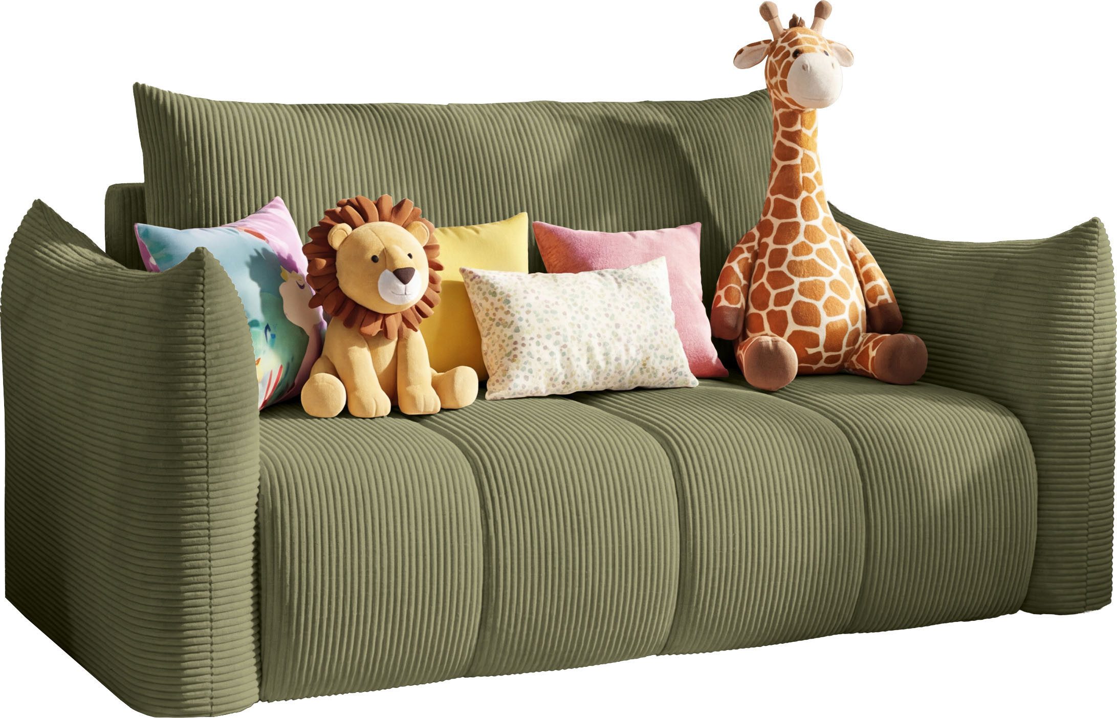 WFL GROUP Kindersofa Lilo Jugendsofa mit Schlaffunktion & Bettkasten, Schlaffläche 120 × 150 cm, 2-Sitzer, kleine Couch aus weichem Cordstoff fürs Jugendzimmer