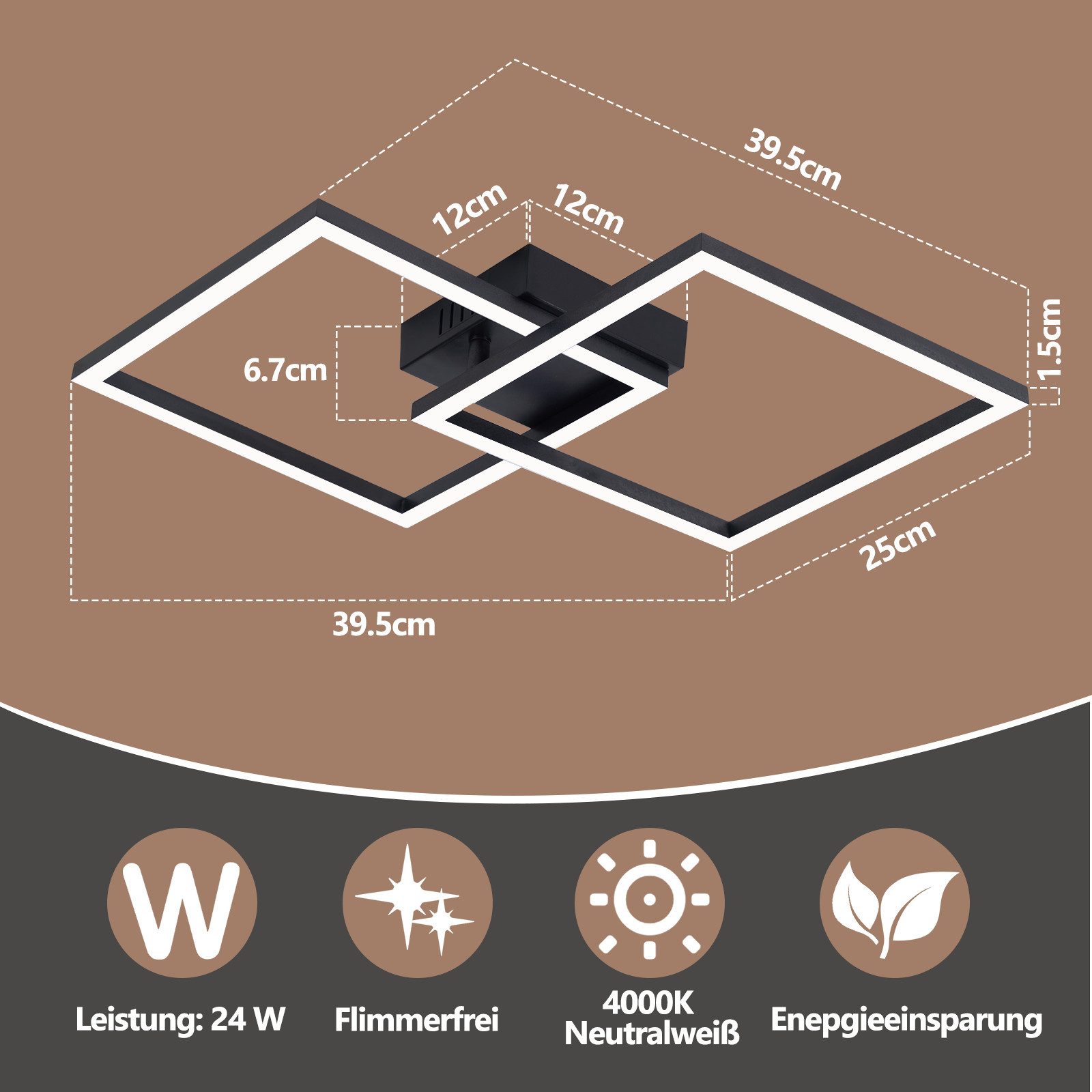 ZMH LED Deckenleuchte Wohnzimmer 2 Rahmen Schwarz Quadratisch Deckenlampe Modern 3000/4000K, Augenschutz, Einfache Installtion, LED fest integriert, Warmweiß, 24W Esszimmerlampe Eckig für Kinderzimmer