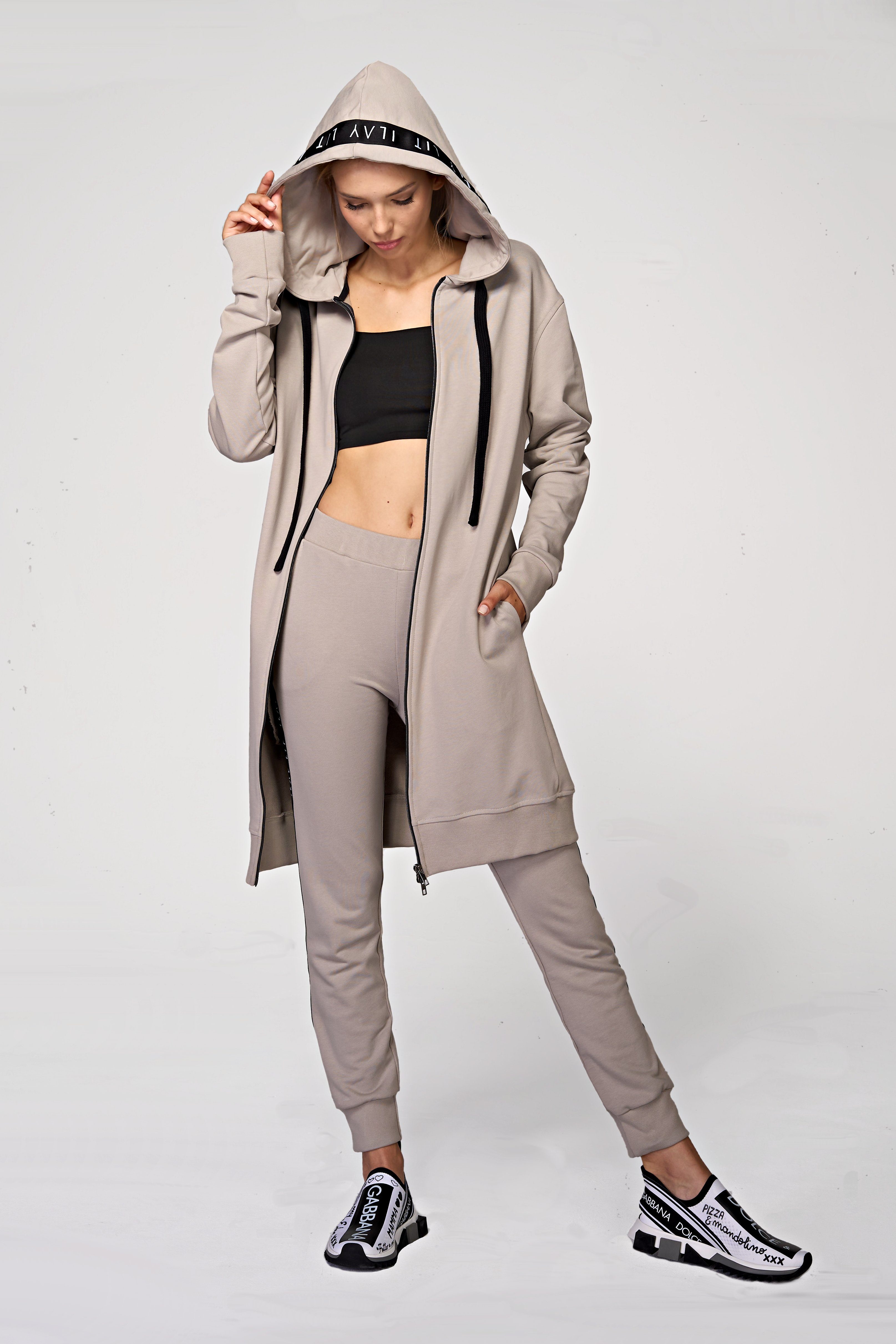 ILAY Lit Kapuzensweatjacke Midi Coat-Taupe -Lässiger Hoodiemantel im Urban Style