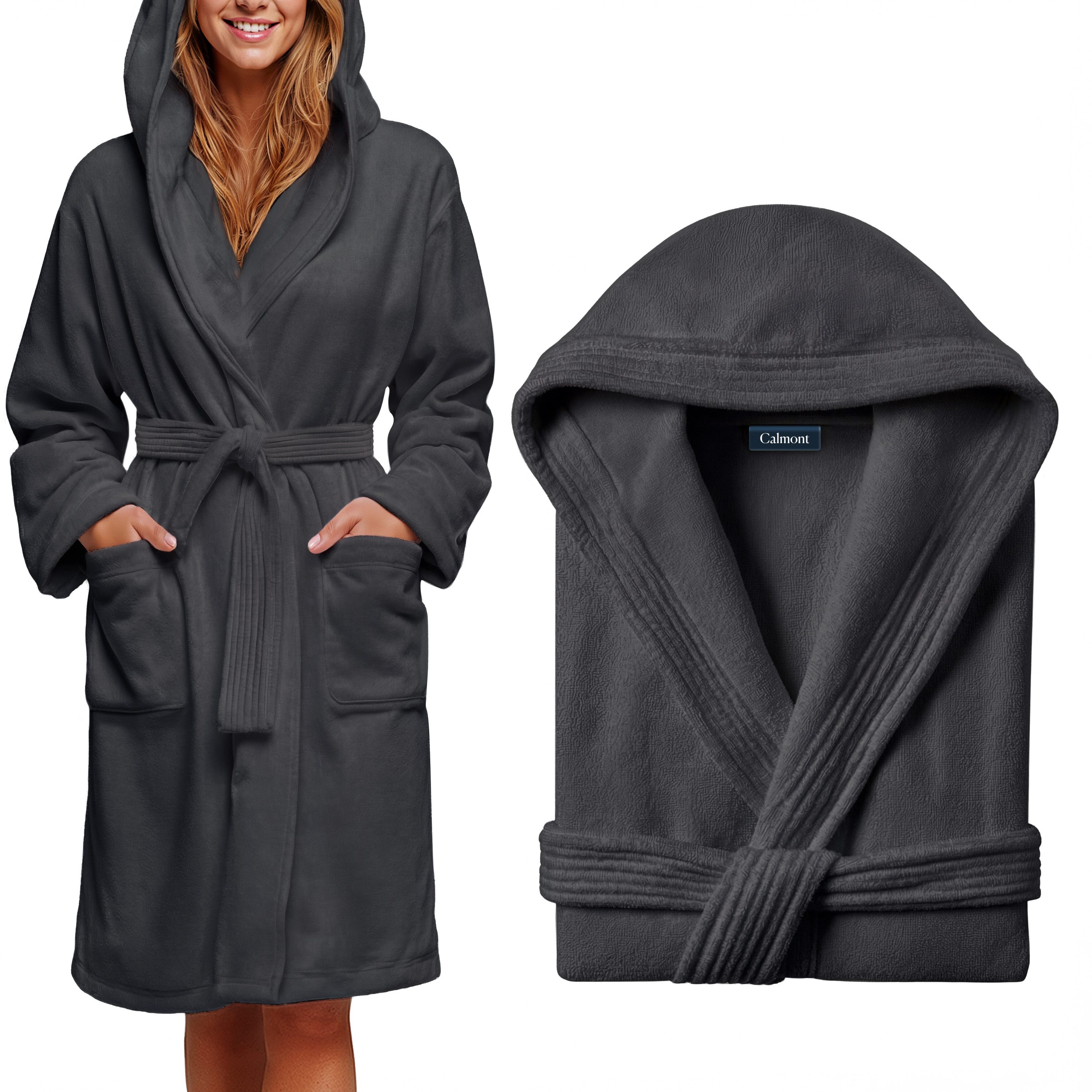 CALMONT Damenbademantel CALMONT - Bademantel Damen aus 100% Baumwolle Frottee mit Kapuze, Kapuze, Gürtel, Kapuze, Große Taschen, Gürtel, Aufhängeschlaufe